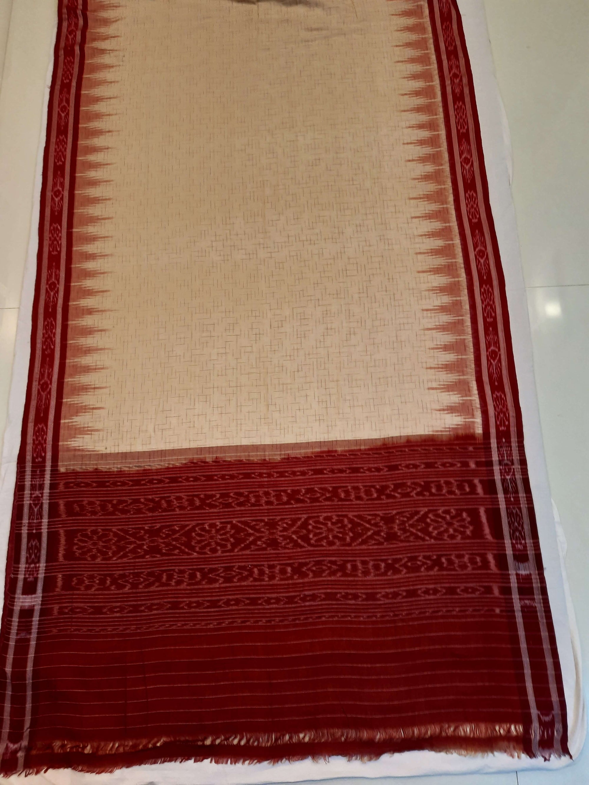 Beige with Maroon Cotton Odisha Ikat saree with mix match cotton ikat blouse piece