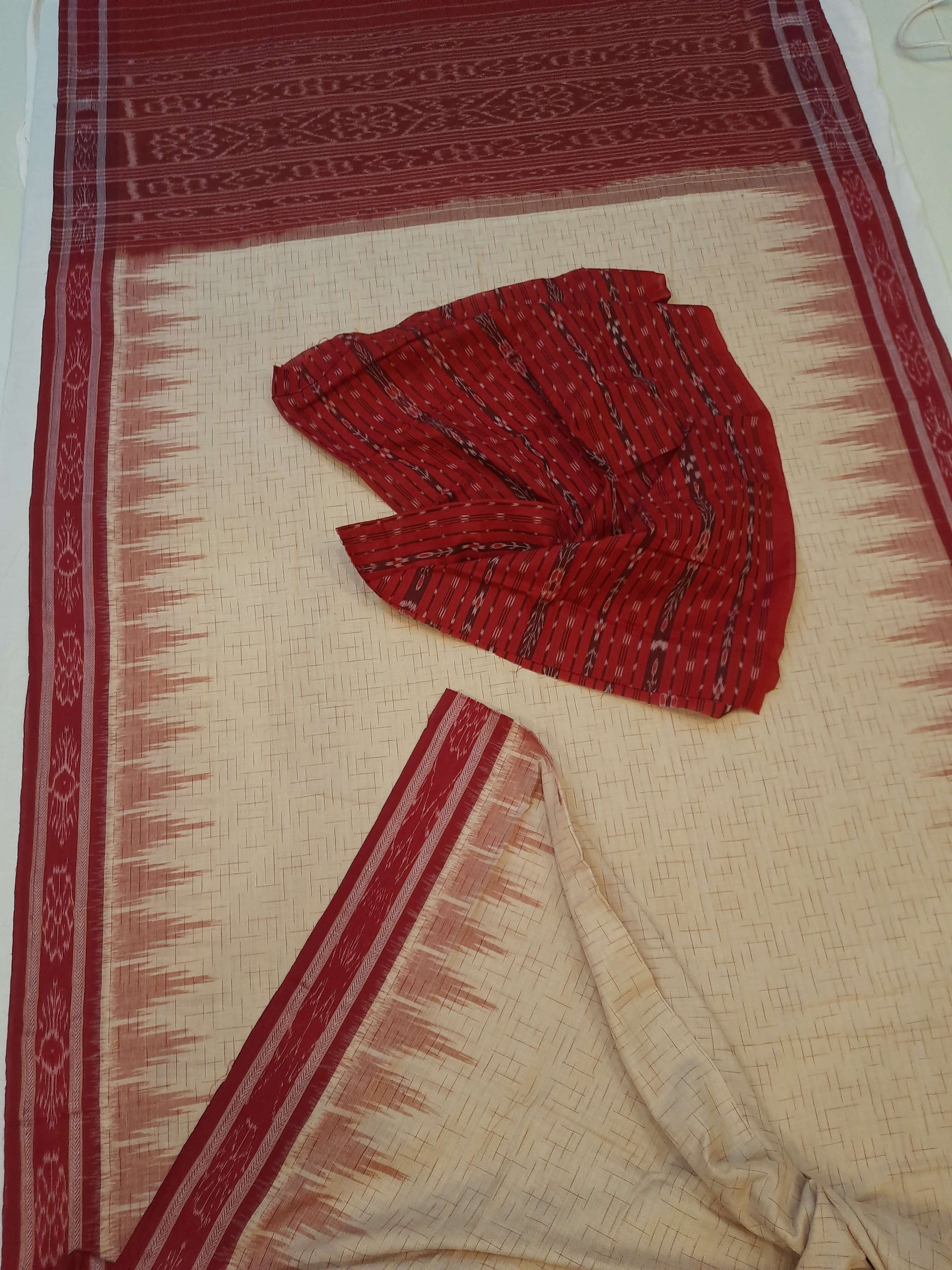 Beige with Maroon Cotton Odisha Ikat saree with mix match cotton ikat blouse piece