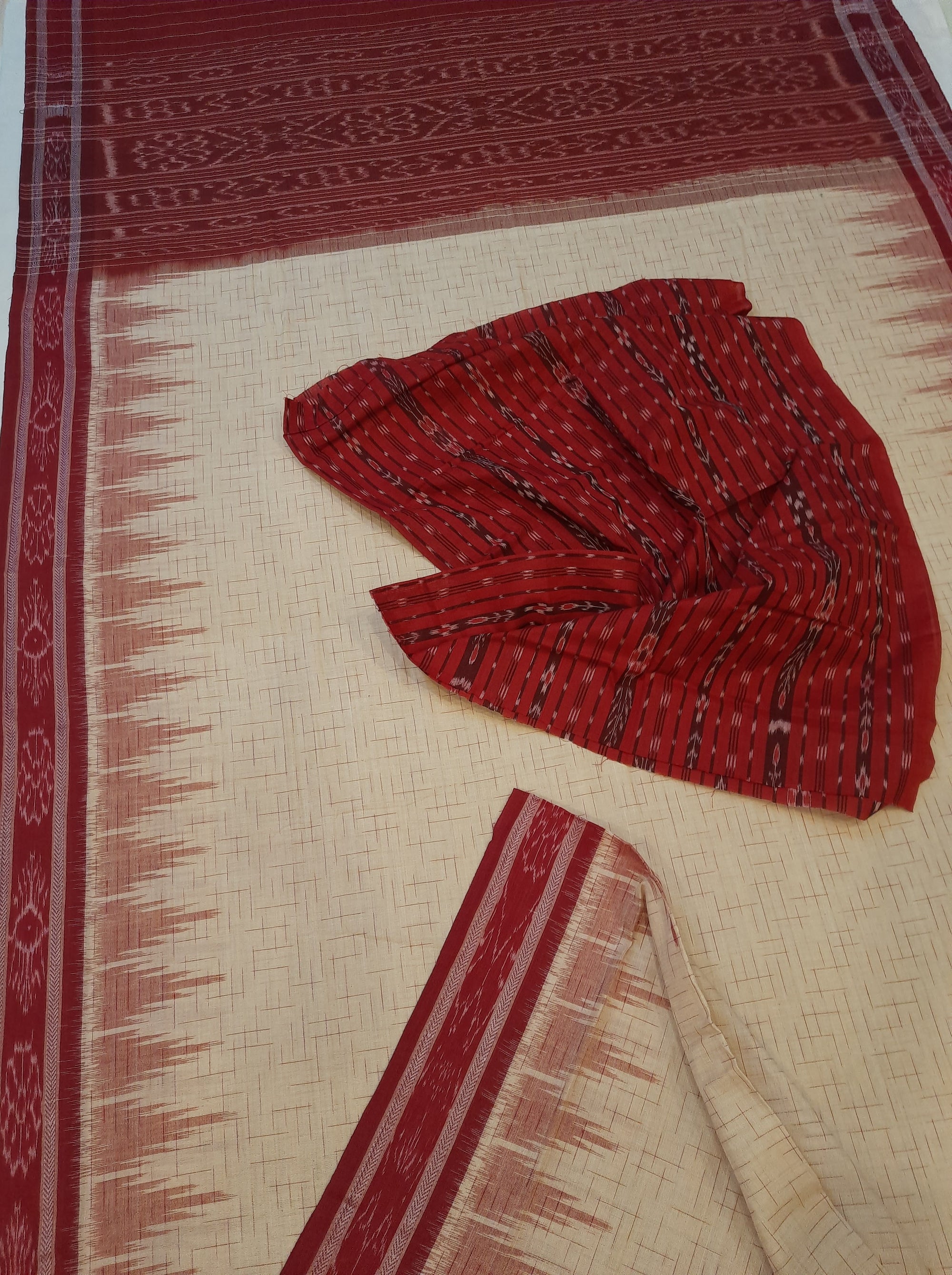 Beige with Maroon Cotton Odisha Ikat saree with mix match cotton ikat blouse piece