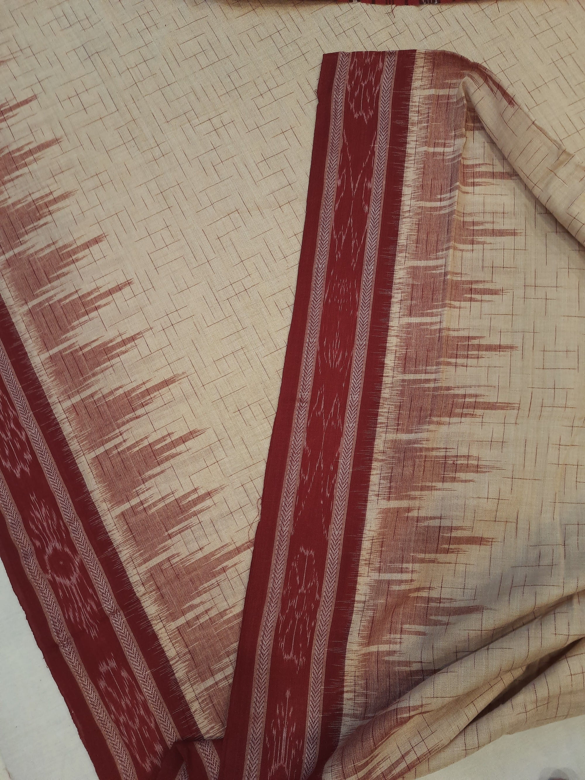 Beige with Maroon Cotton Odisha Ikat saree with mix match cotton ikat blouse piece