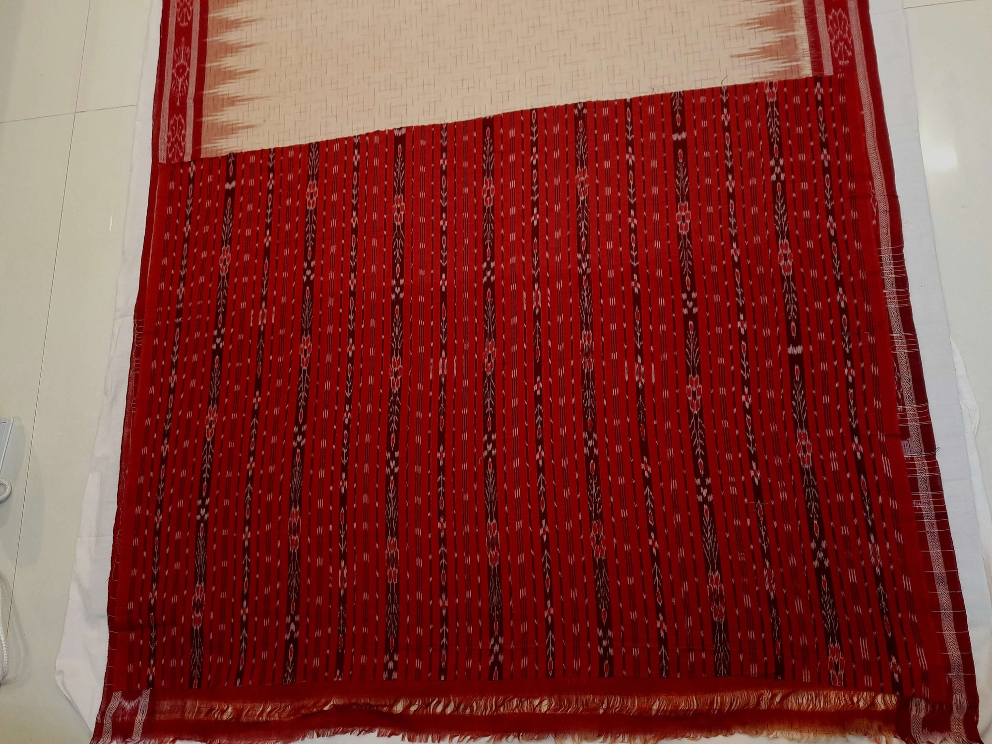 Beige with Maroon Cotton Odisha Ikat saree with mix match cotton ikat blouse piece