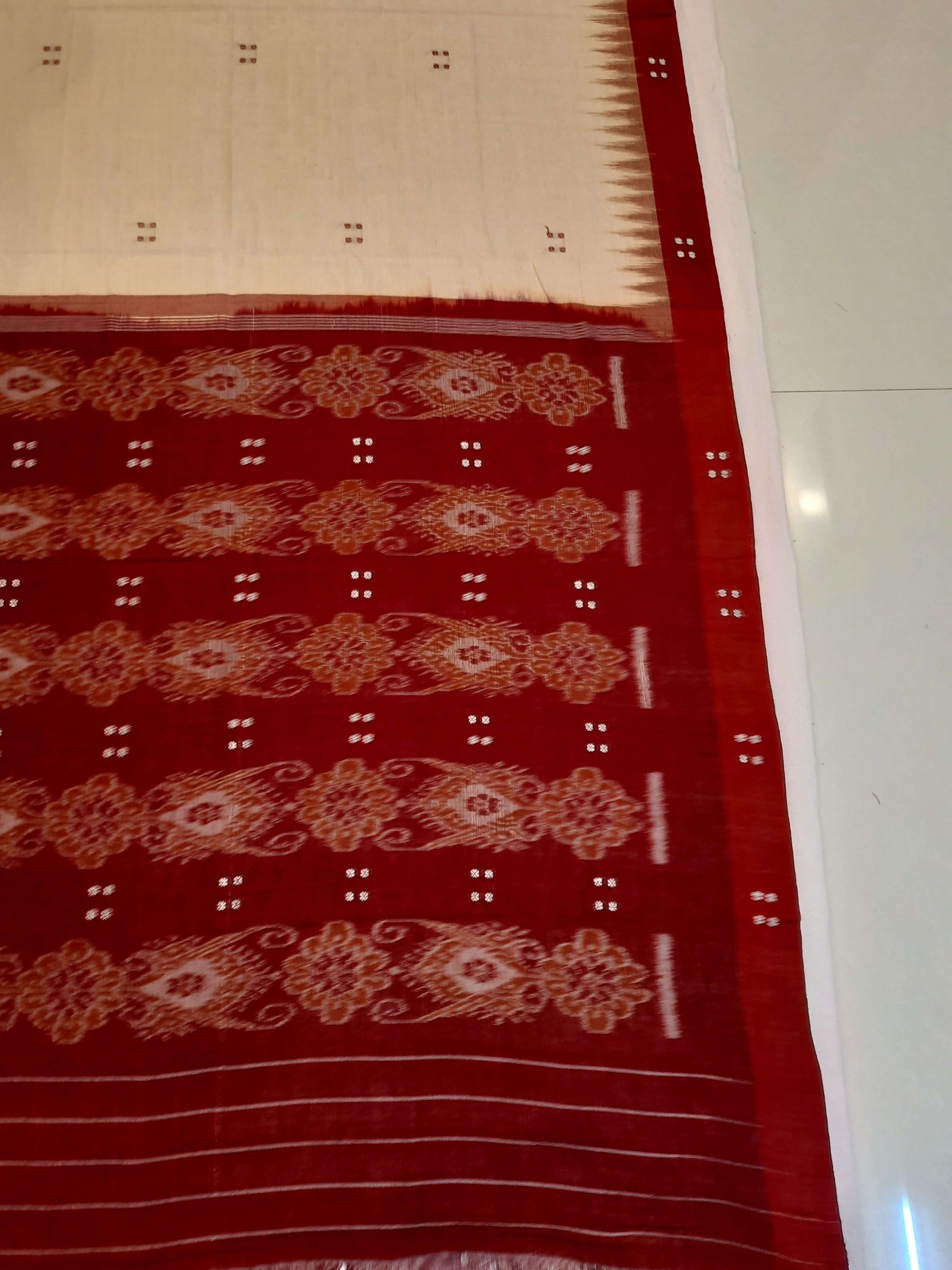 Beige withMaroon Cotton Odisha Ikat saree  with mix match cotton ikat blouse