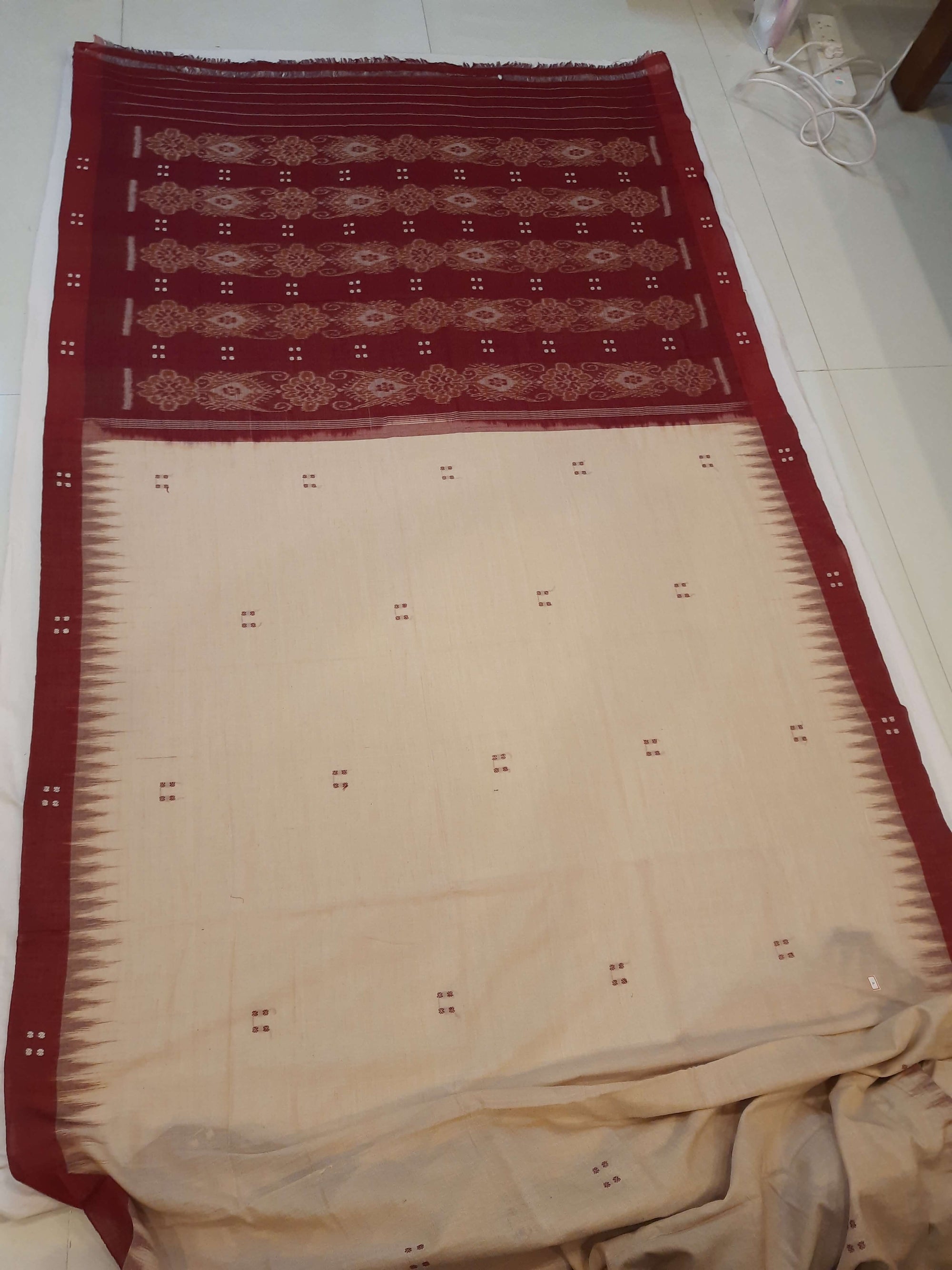 Beige withMaroon Cotton Odisha Ikat saree  with mix match cotton ikat blouse