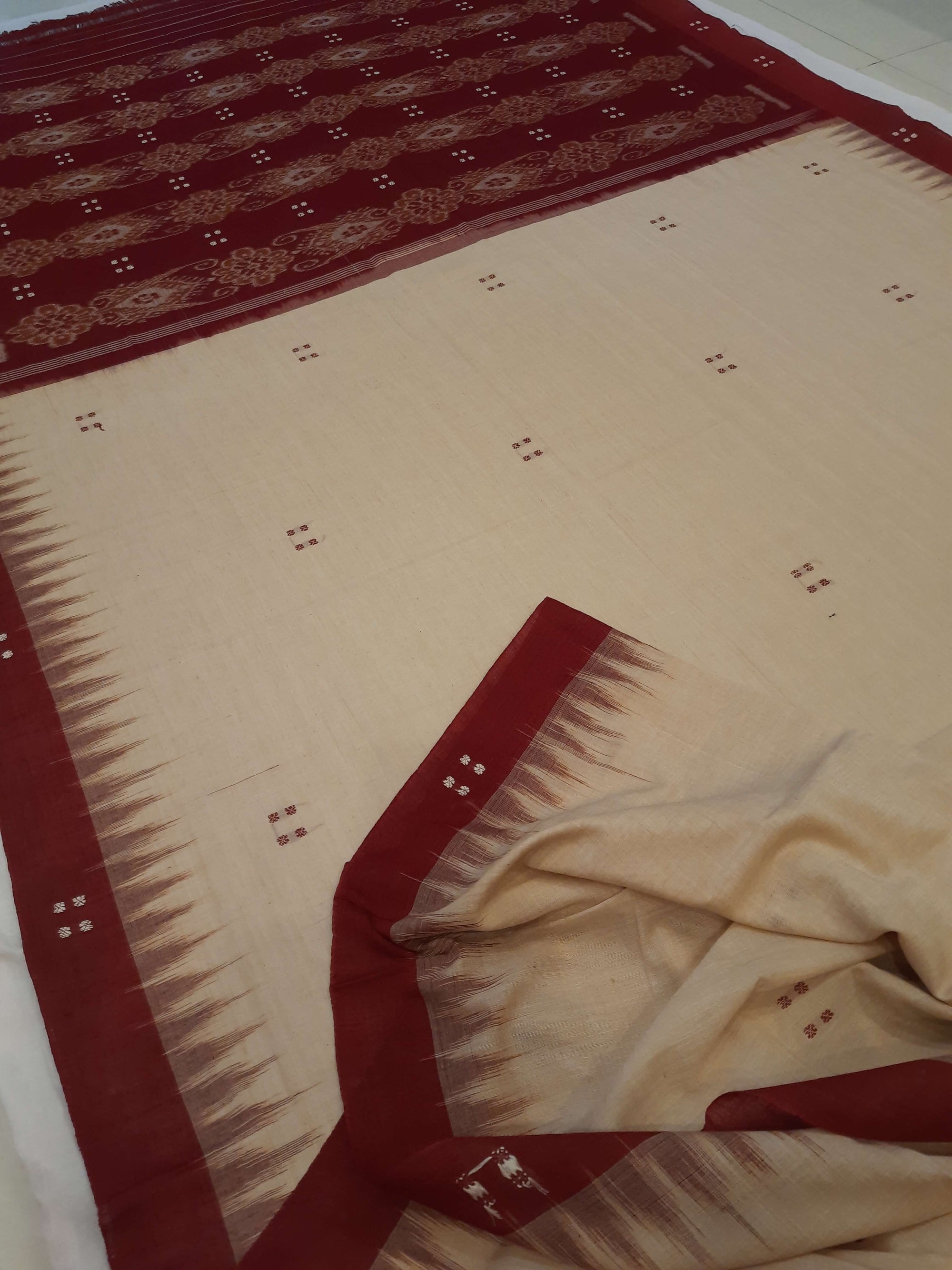 Beige withMaroon Cotton Odisha Ikat saree  with mix match cotton ikat blouse