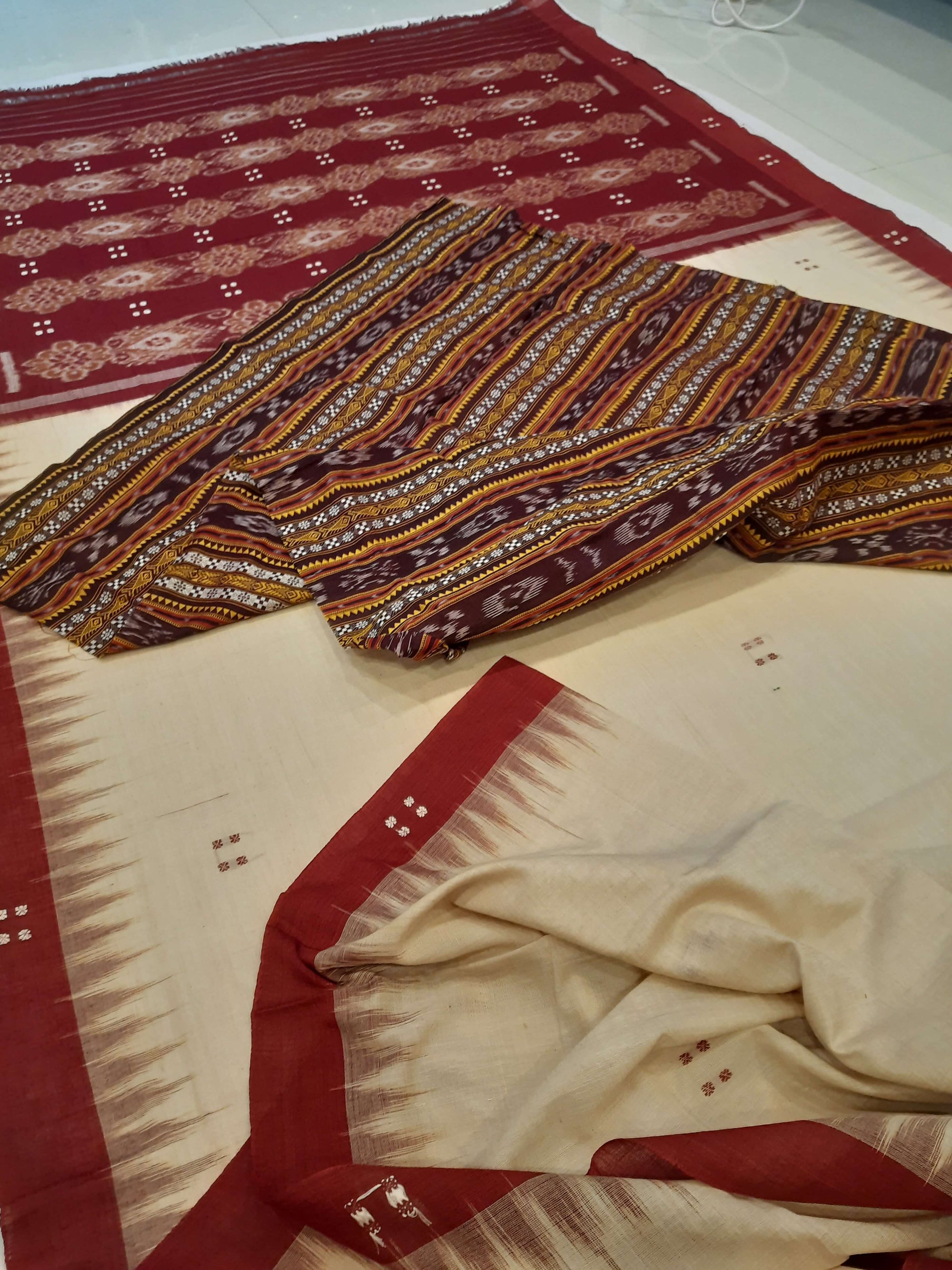 Beige withMaroon Cotton Odisha Ikat saree  with mix match cotton ikat blouse