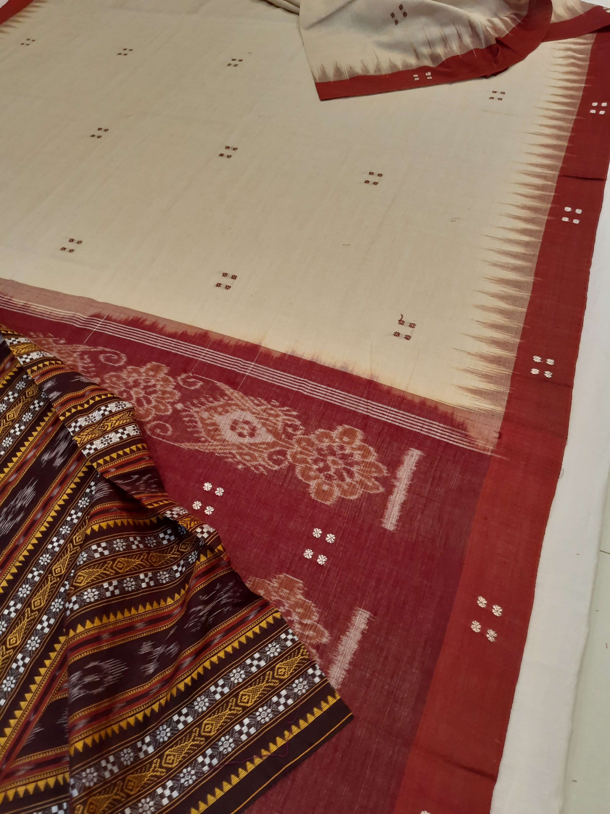 Beige withMaroon Cotton Odisha Ikat saree  with mix match cotton ikat blouse
