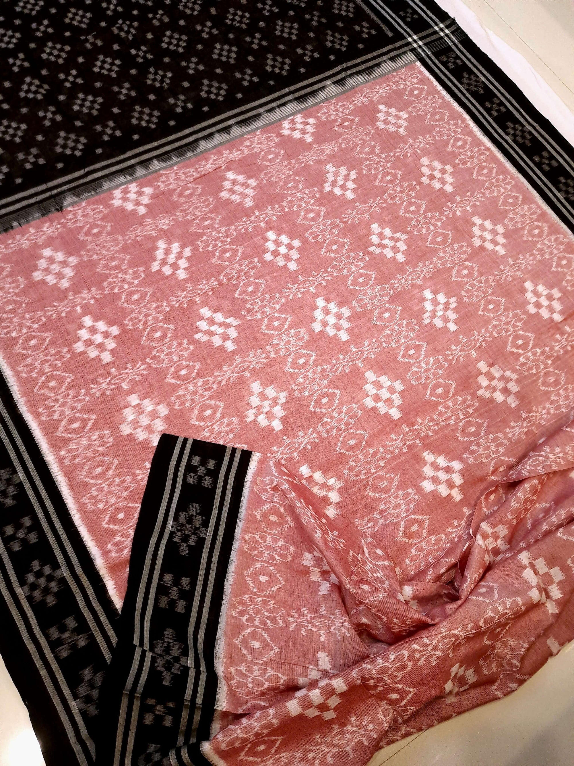 Pink Odisha Ikat saree with cotton ikat blouse piece