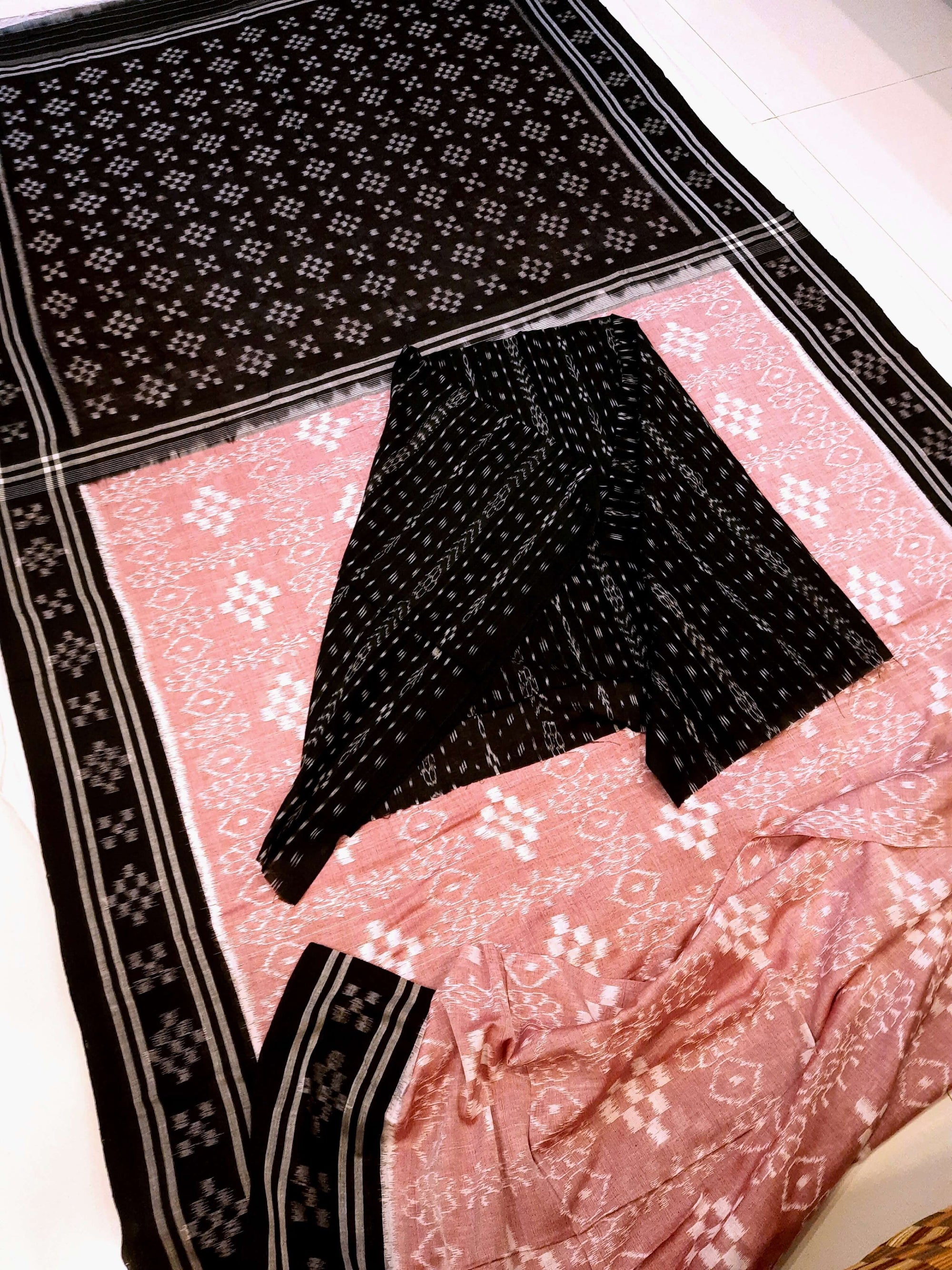 Pink Odisha Ikat saree with cotton ikat blouse piece