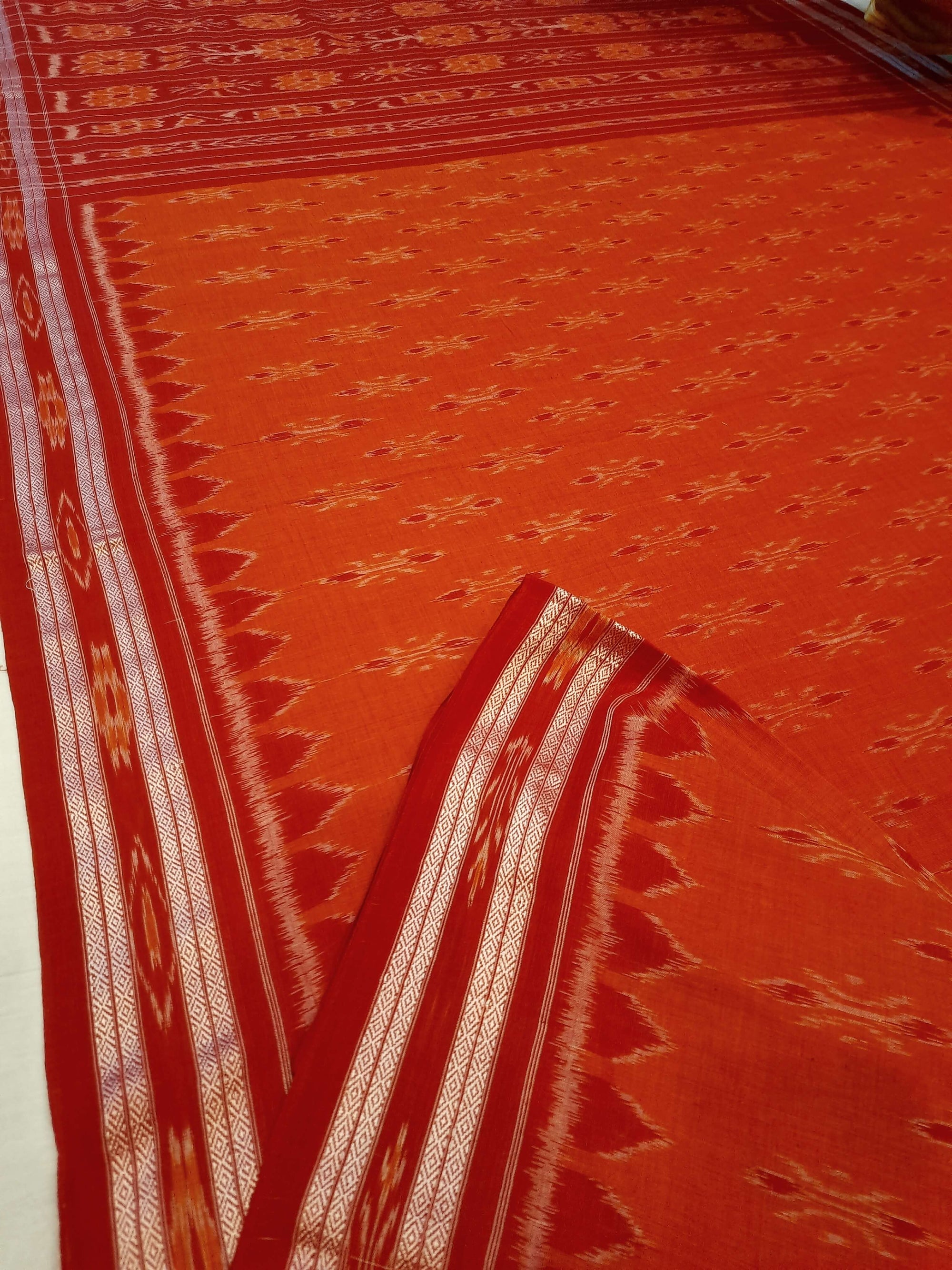 Orange with Red Cotton Odisha Ikat saree with cotton ikat blouse piece