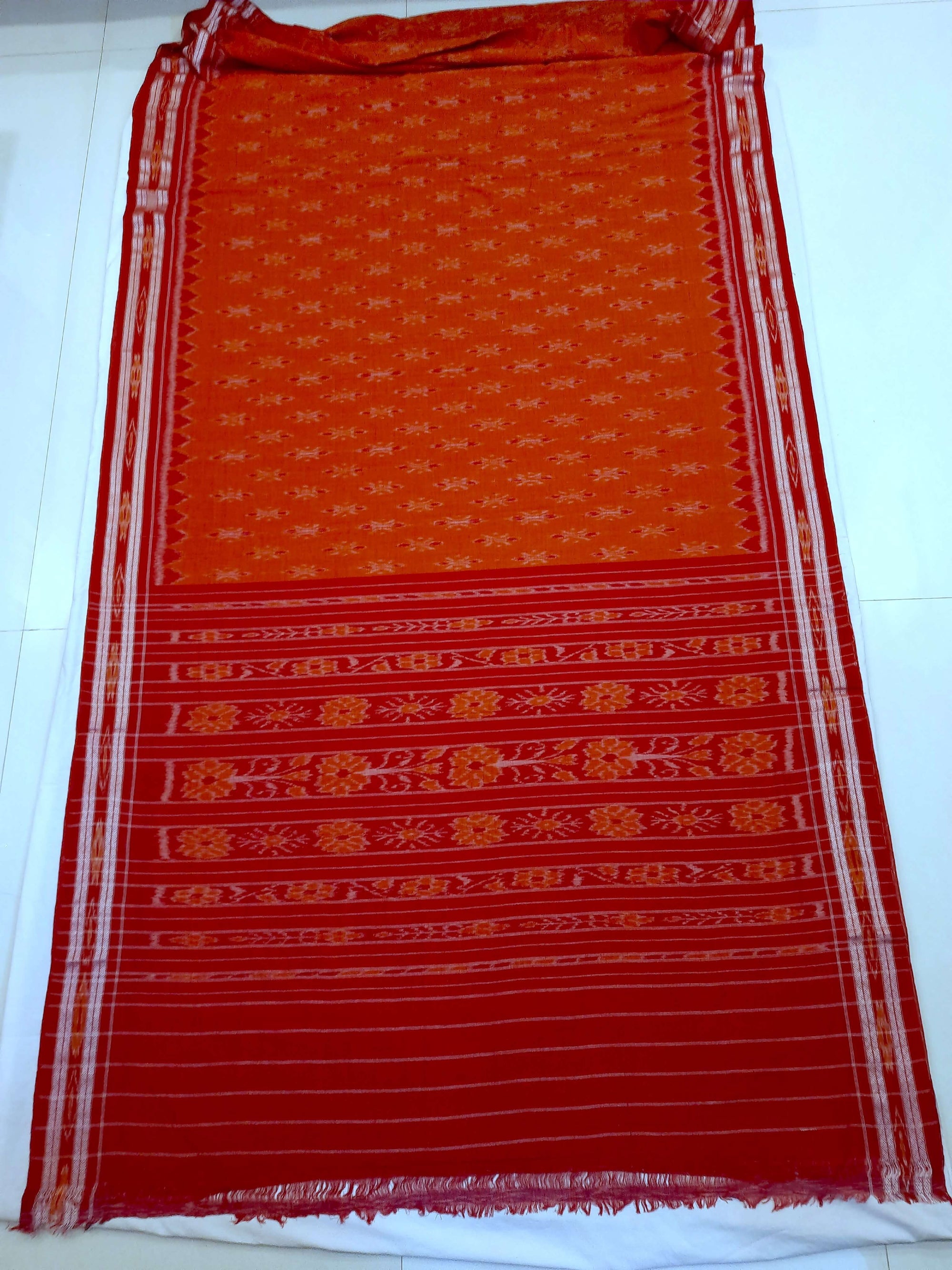 Orange with Red Cotton Odisha Ikat saree with cotton ikat blouse piece