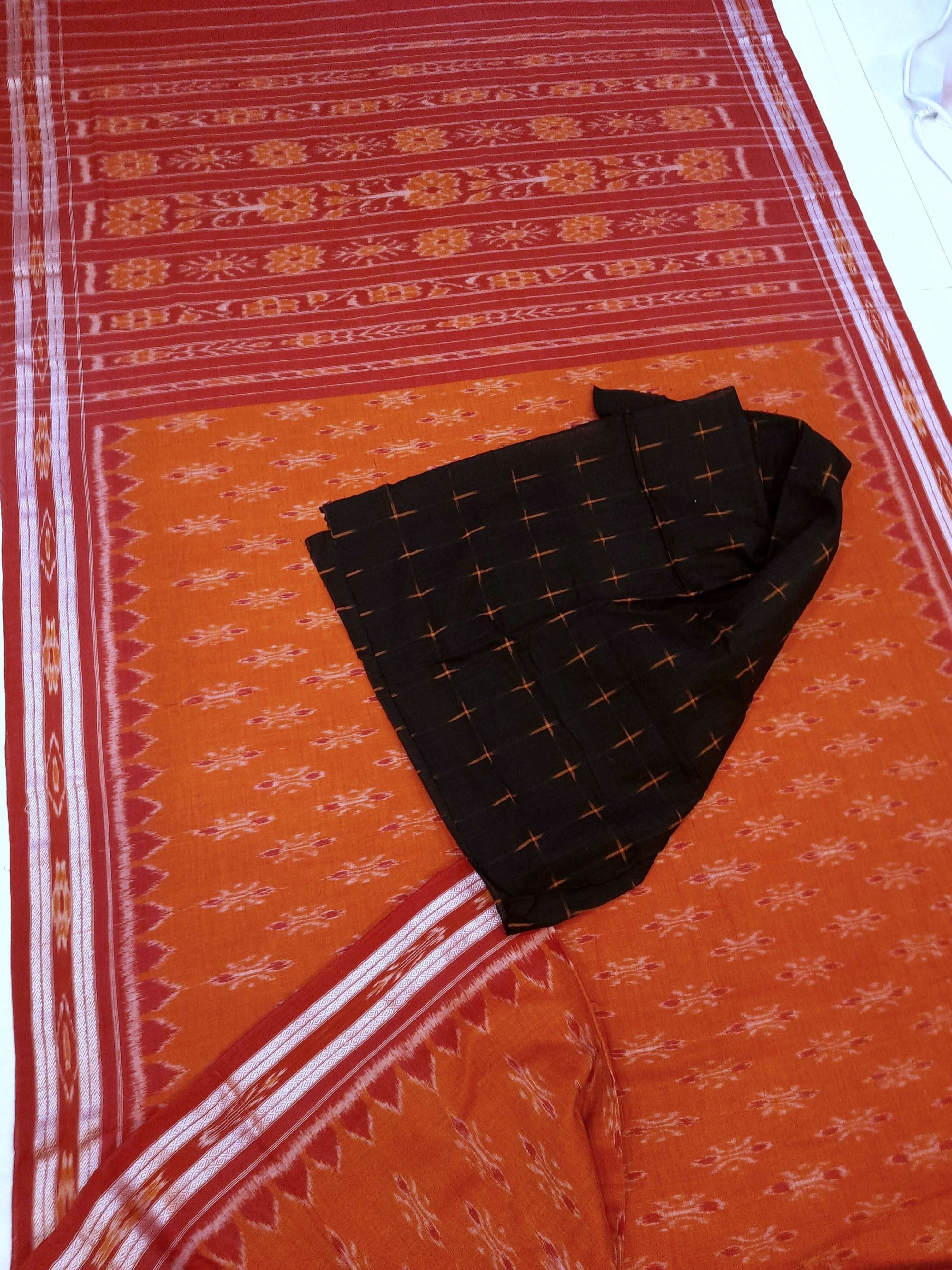 Orange with Red Cotton Odisha Ikat saree with cotton ikat blouse piece
