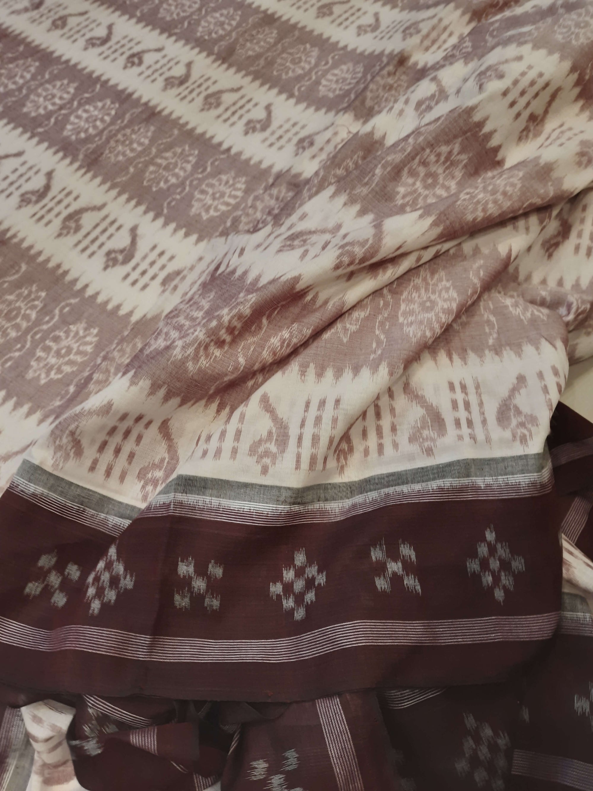 Offwhite Maroon Odisha Ikat saree with cotton ikat blouse piece