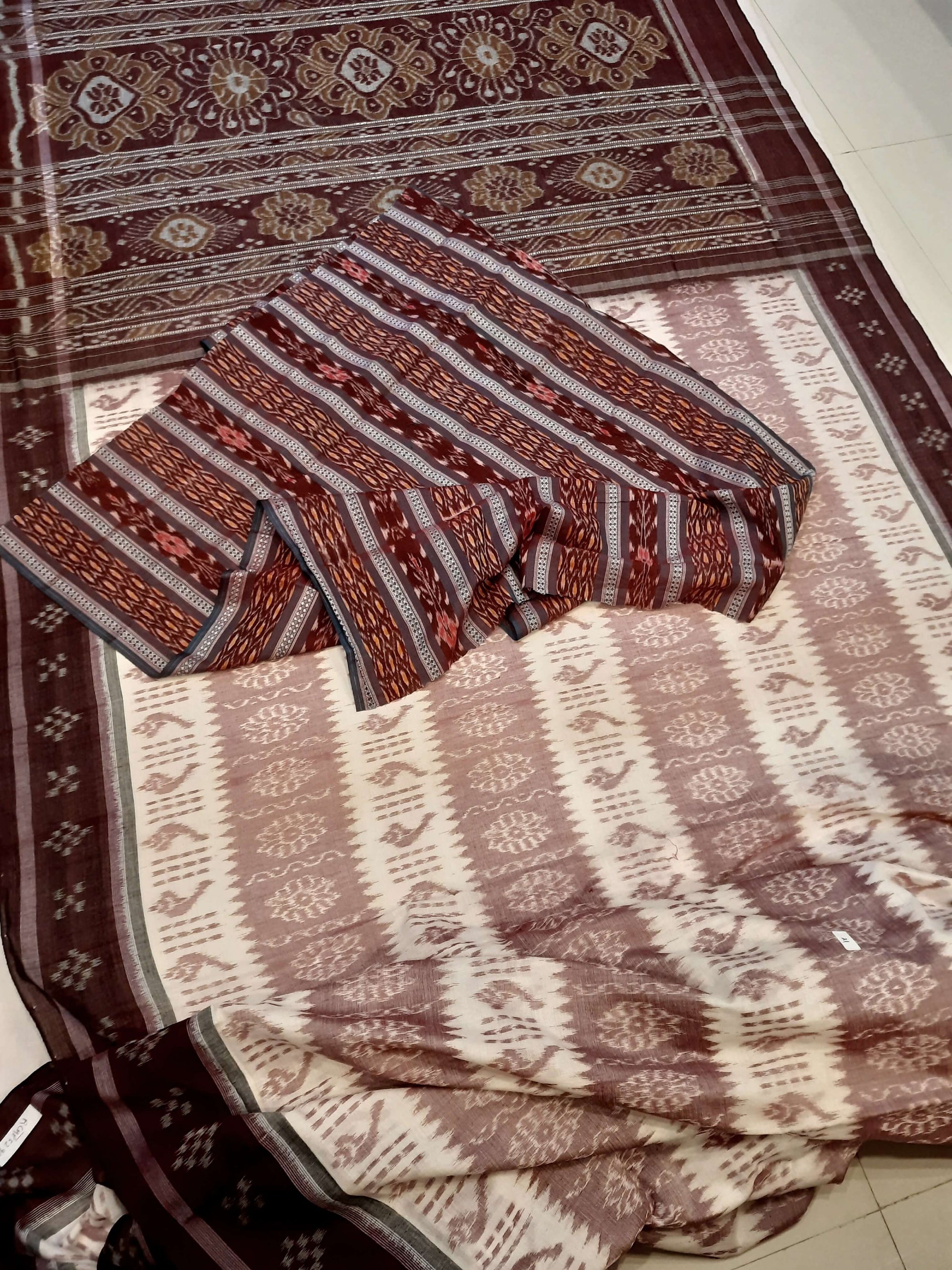Offwhite Maroon Odisha Ikat saree with cotton ikat blouse piece