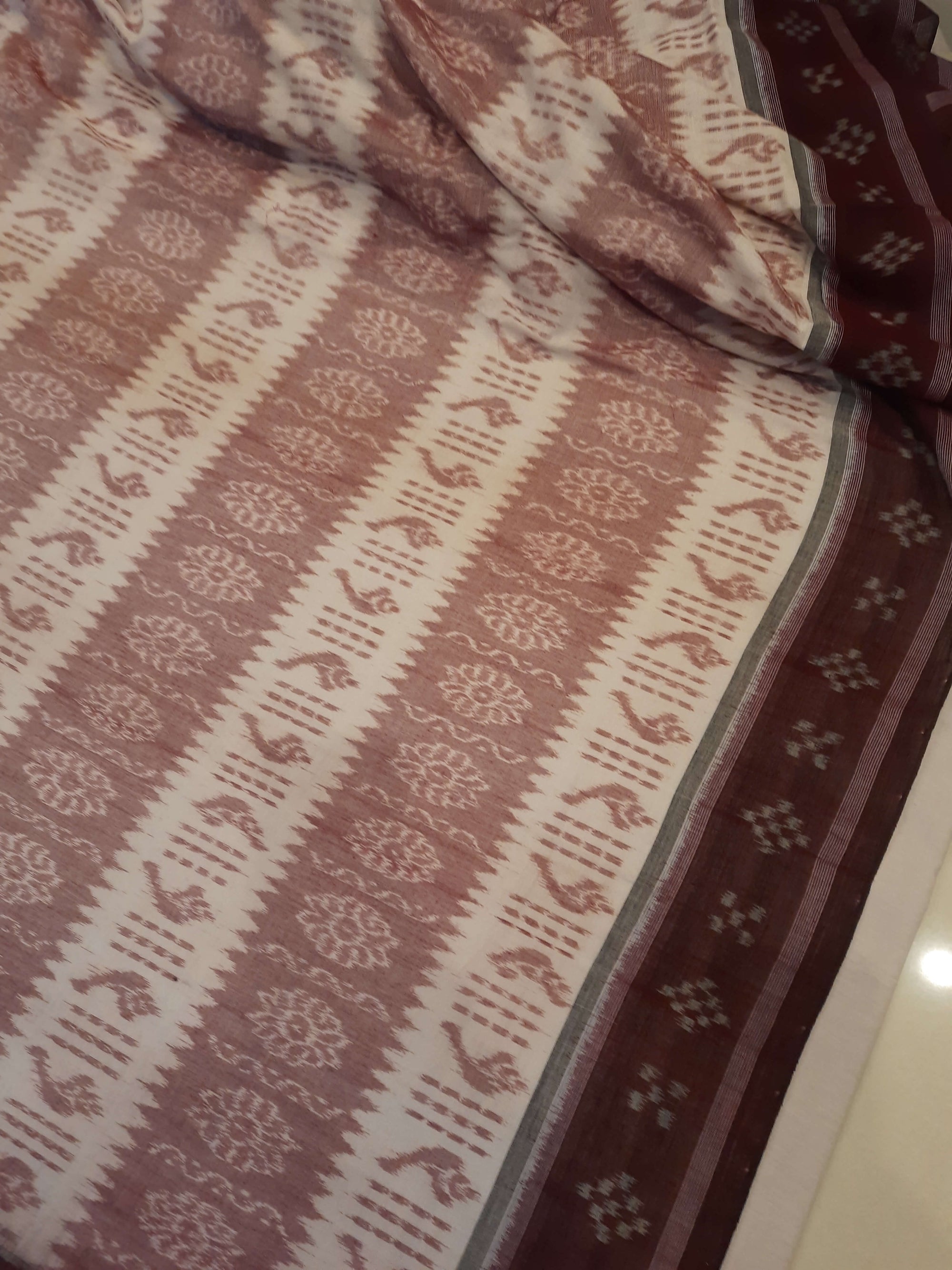 Offwhite Maroon Odisha Ikat saree with cotton ikat blouse piece