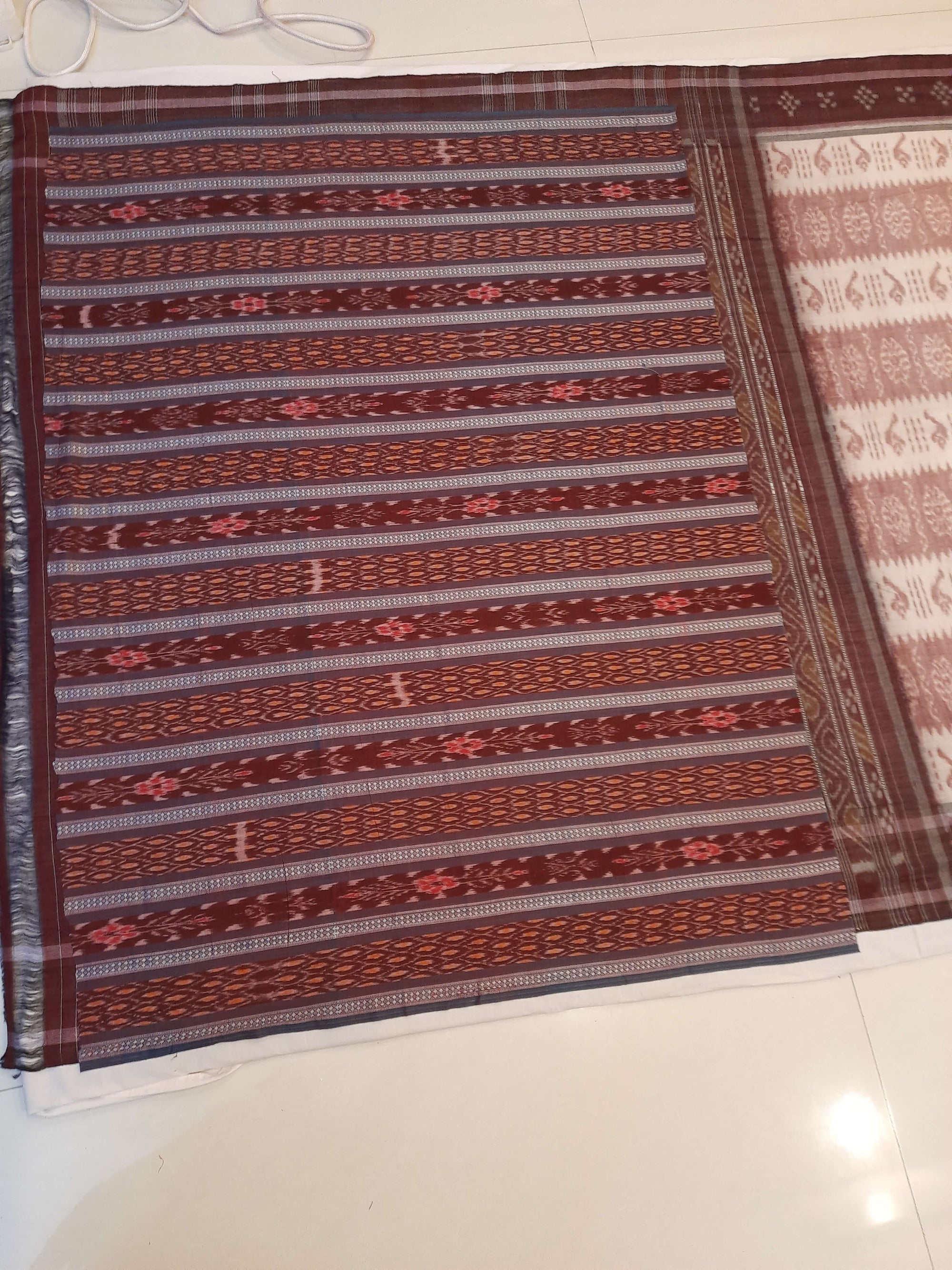 Offwhite Maroon Odisha Ikat saree with cotton ikat blouse piece