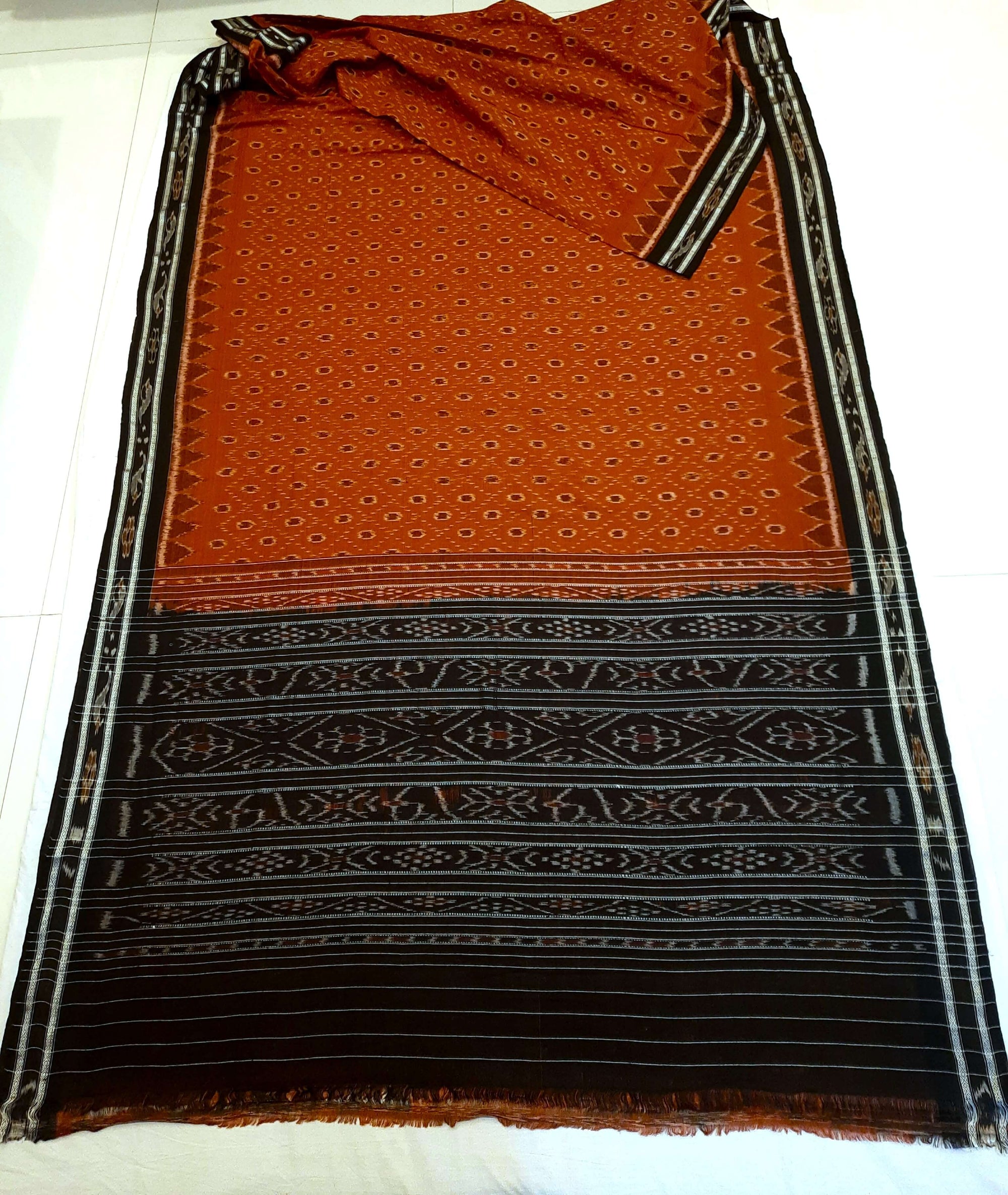 Rust Cotton Odisha Ikat saree with mix match cotton ikat blouse piece
