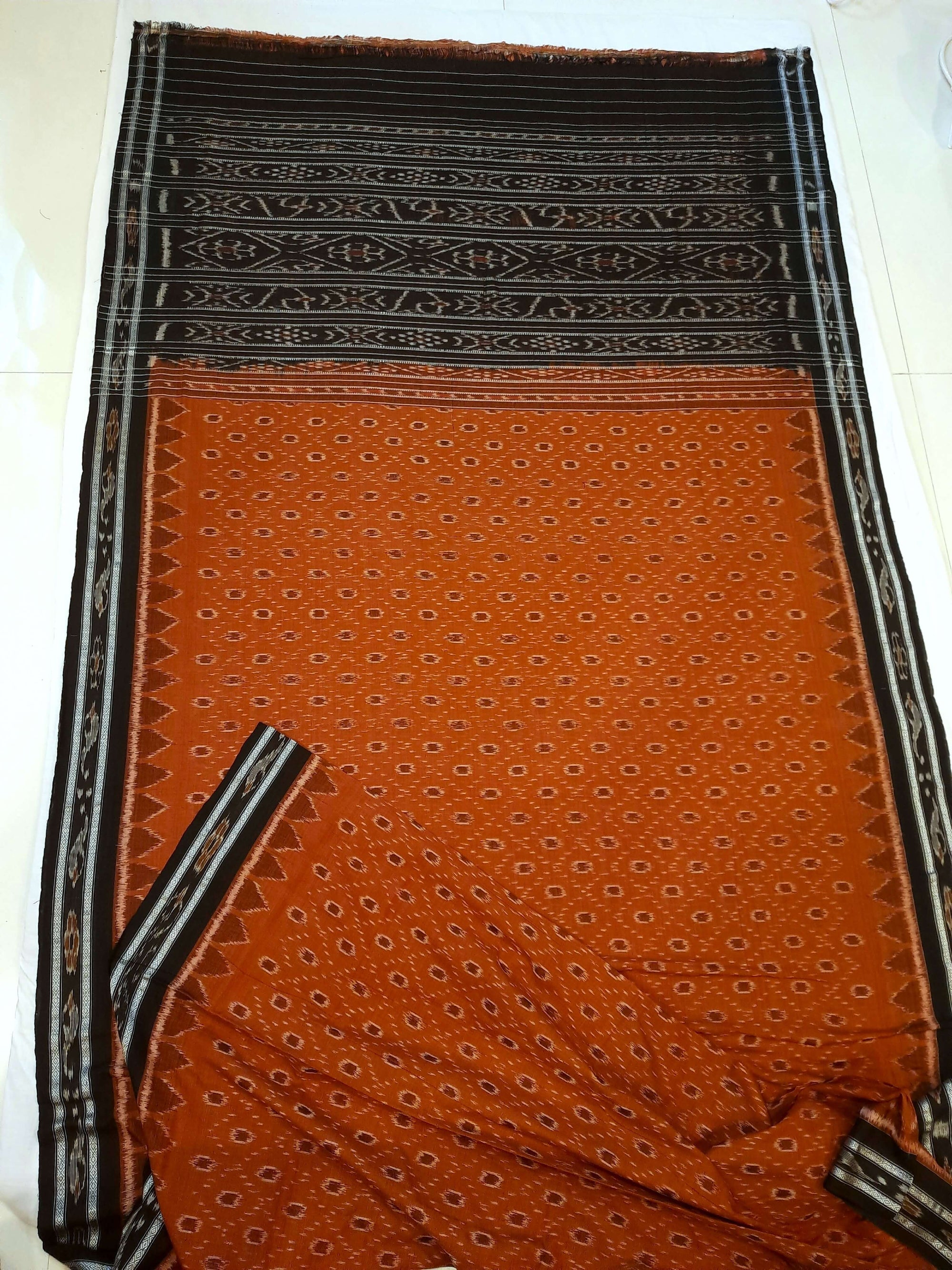 Rust Cotton Odisha Ikat saree with mix match cotton ikat blouse piece