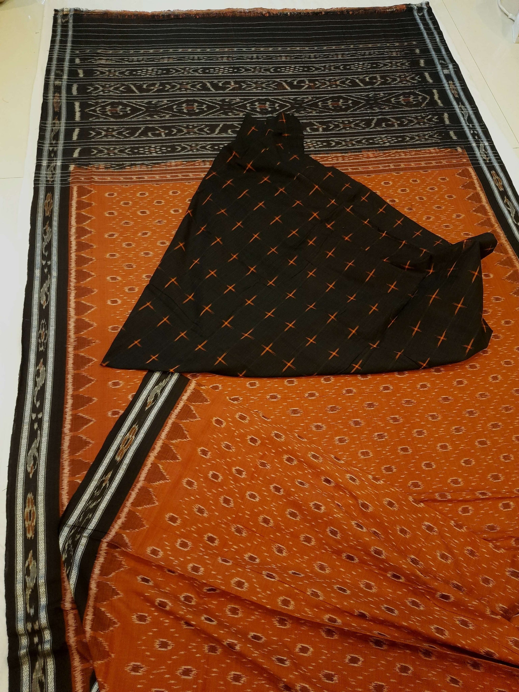 Rust Cotton Odisha Ikat saree with mix match cotton ikat blouse piece