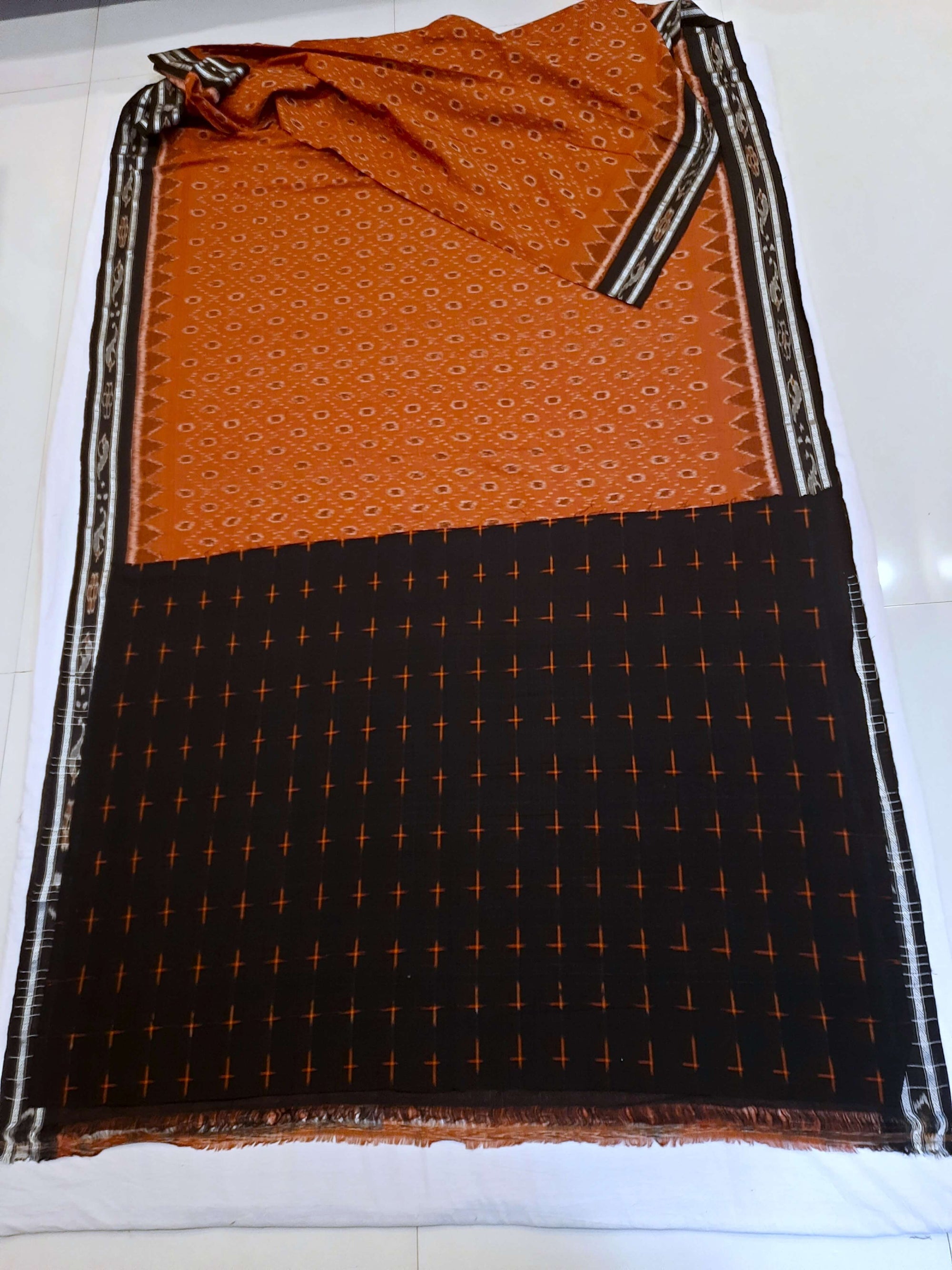 Rust Cotton Odisha Ikat saree with mix match cotton ikat blouse piece