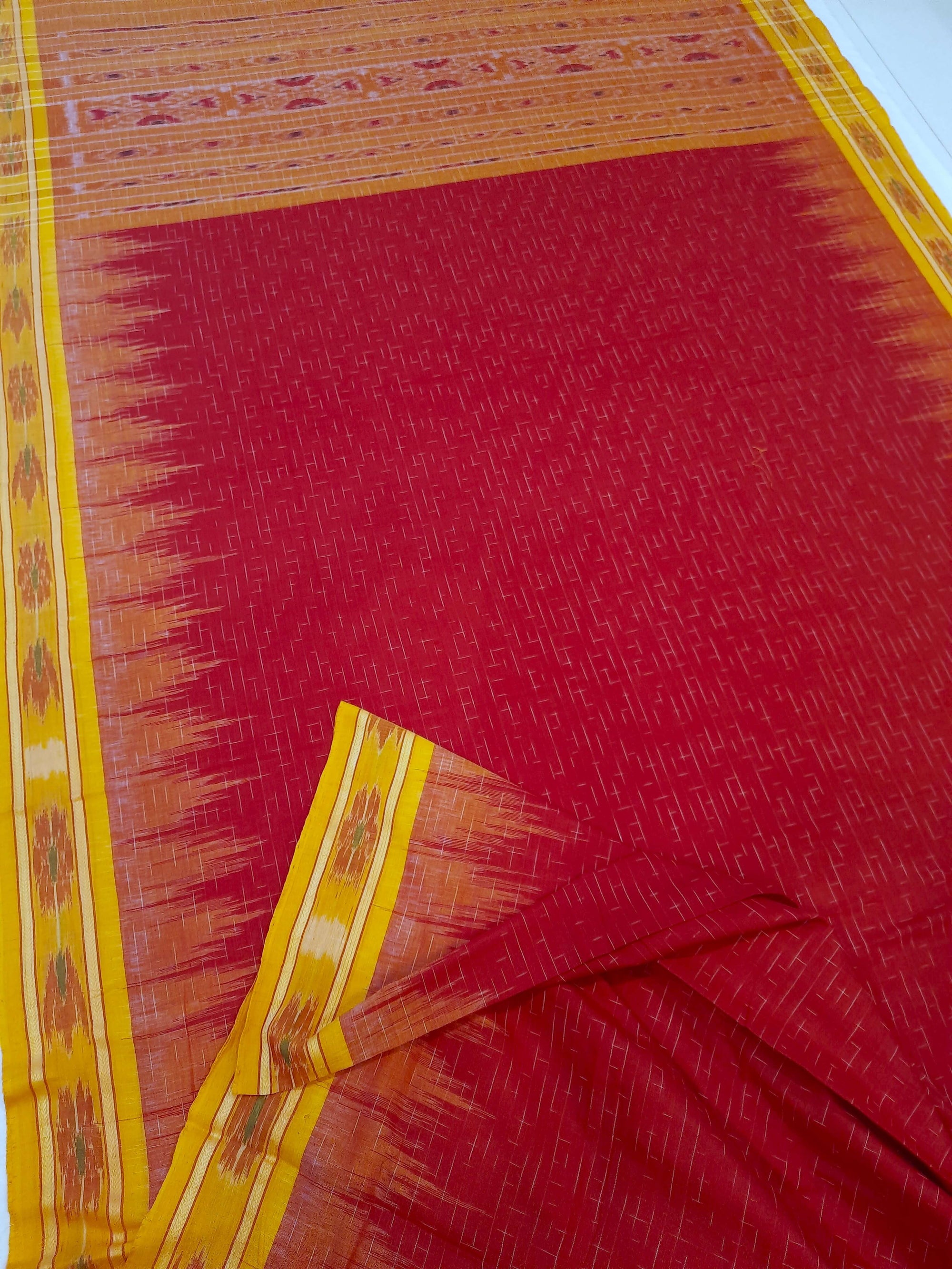 Red Cotton Odisha Ikat saree with mix match cotton ikat blouse piece