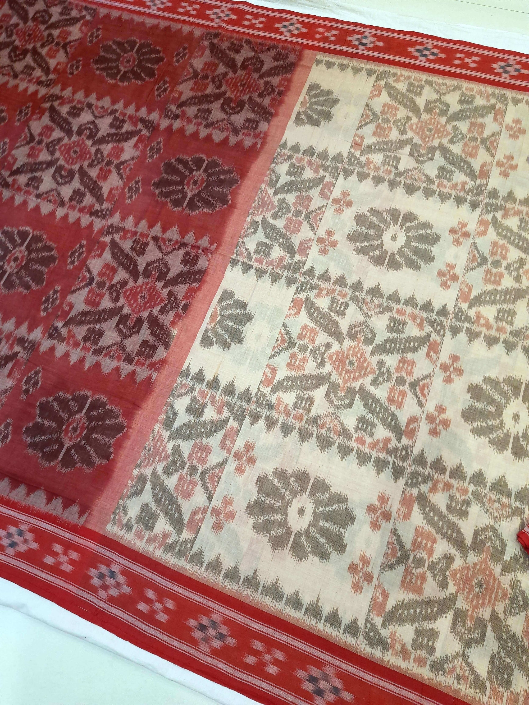 Beige and Red coloured Odisha Ikat saree  with cotton ikat blouse piece