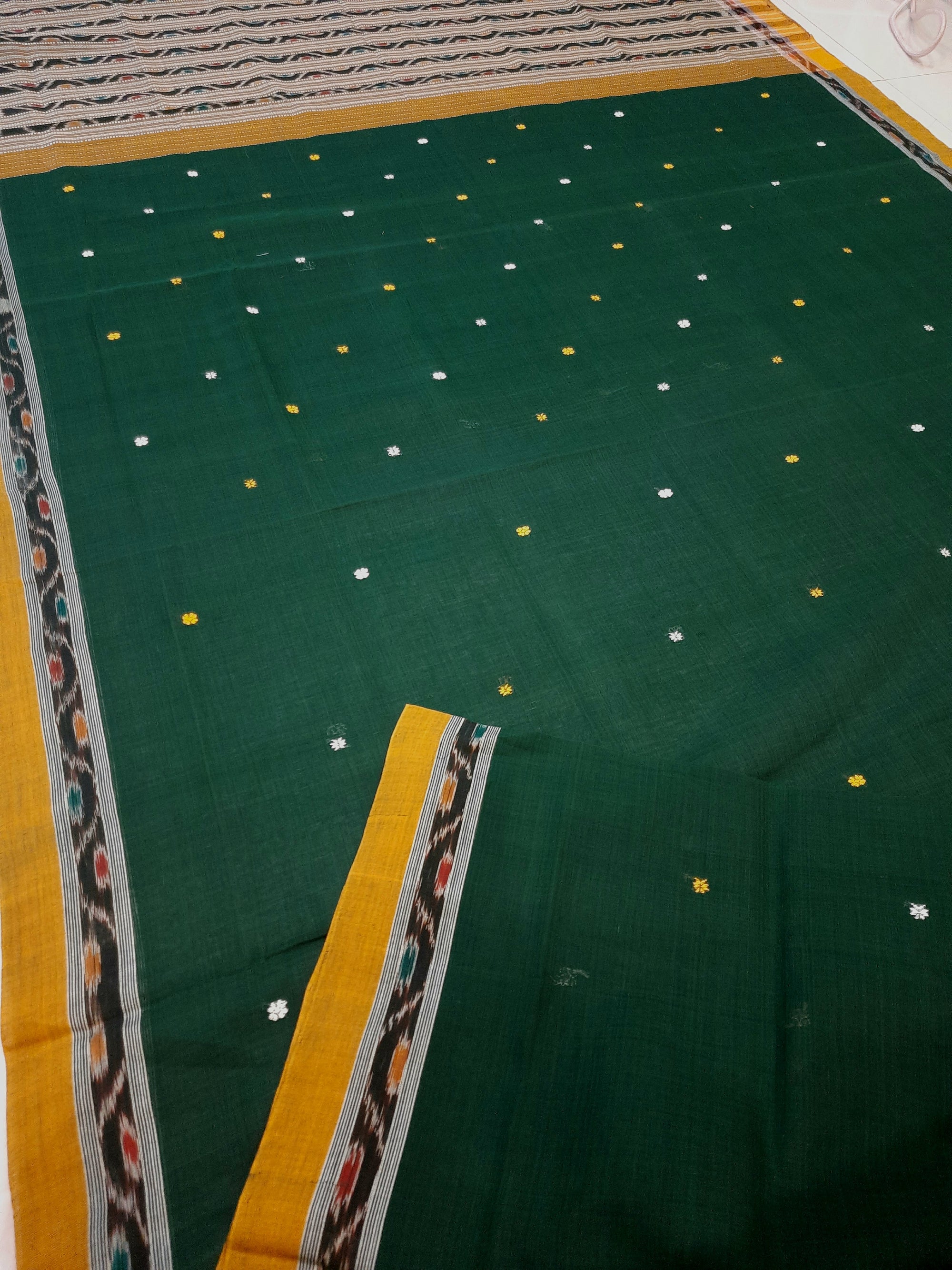 Green body Cotton Odisha Ikat saree with mix match blouse piece