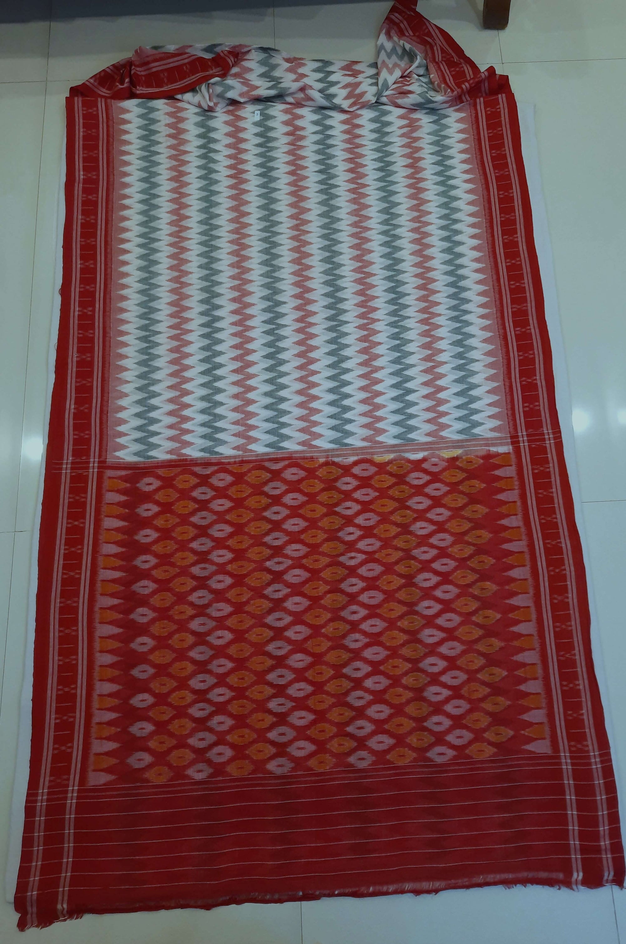 White with Red Green Cotton Odisha Ikat saree with cotton ikat blouse piece