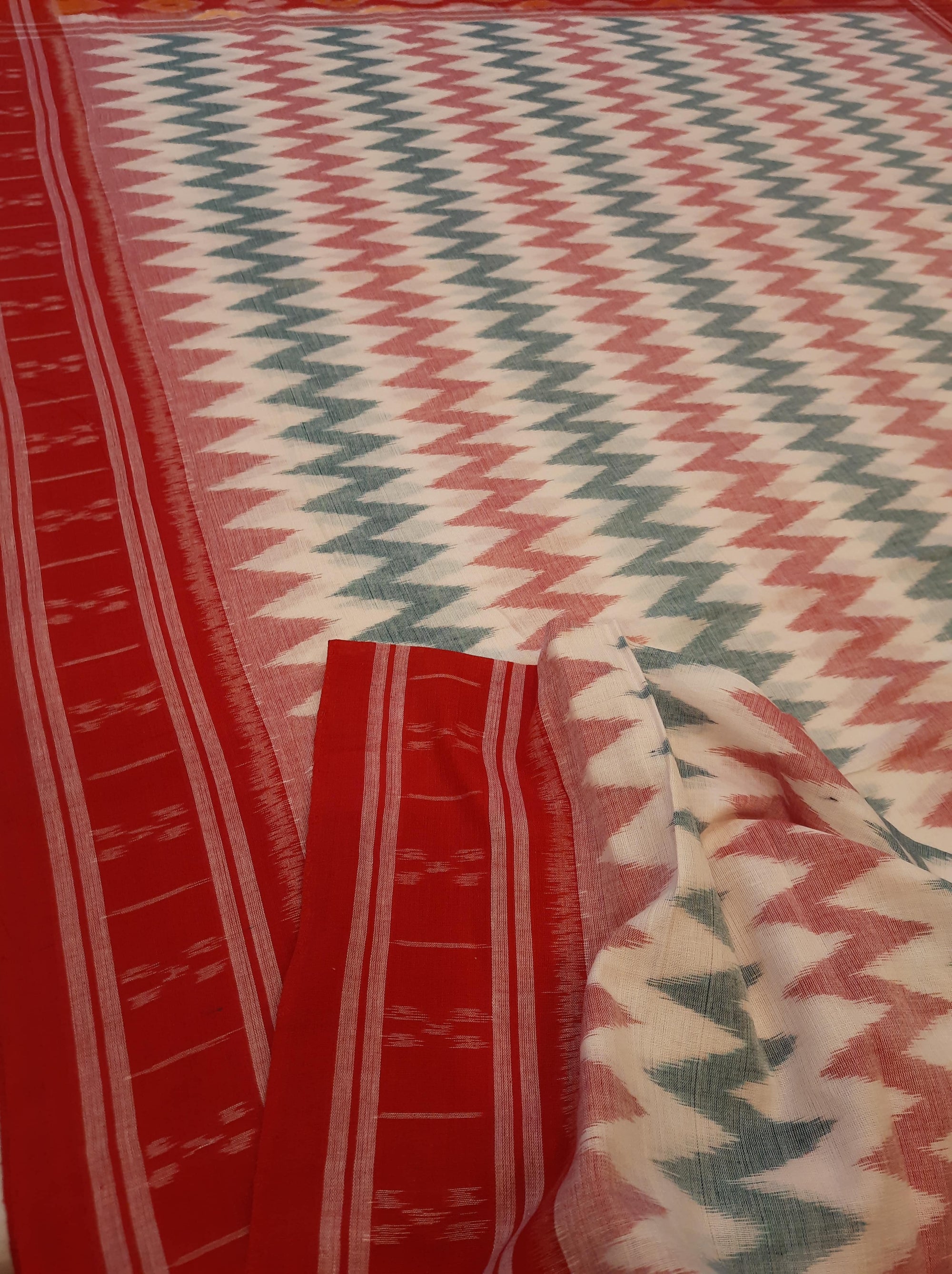 White with Red Green Cotton Odisha Ikat saree with cotton ikat blouse piece
