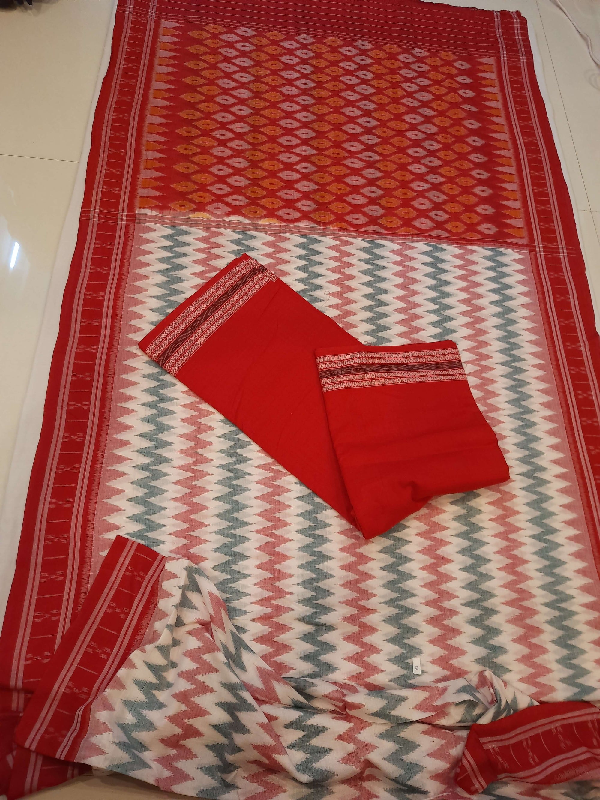 White with Red Green Cotton Odisha Ikat saree with cotton ikat blouse piece