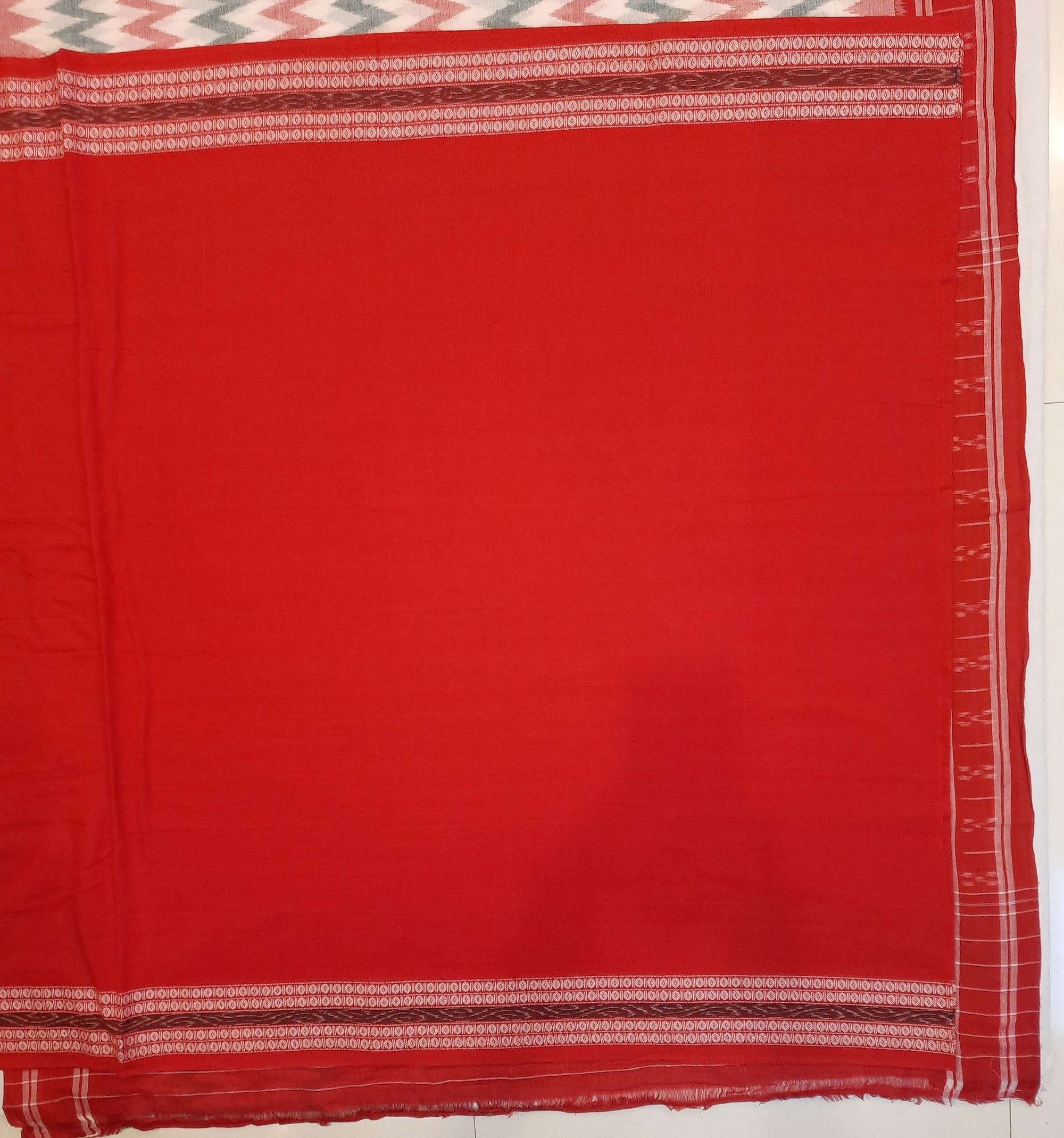 White with Red Green Cotton Odisha Ikat saree with cotton ikat blouse piece