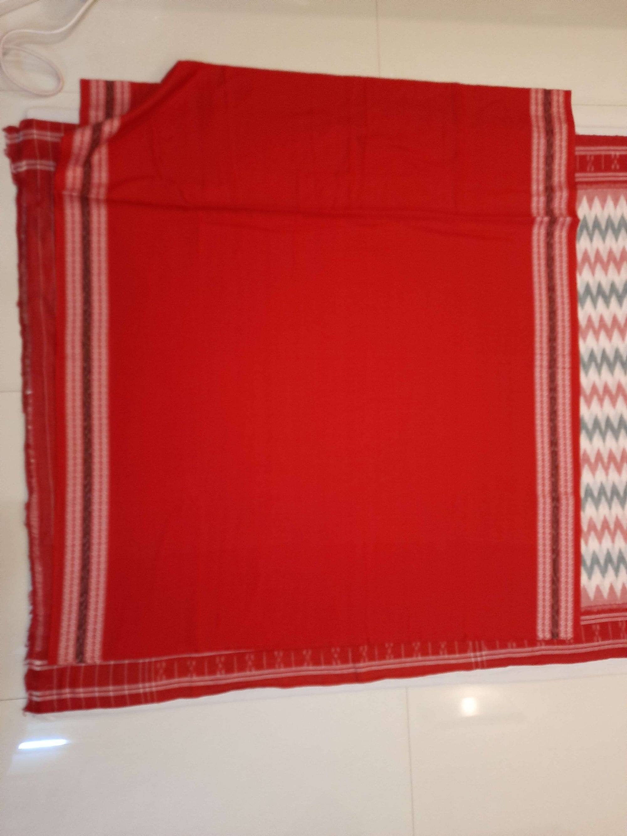 White with Red Green Cotton Odisha Ikat saree with cotton ikat blouse piece