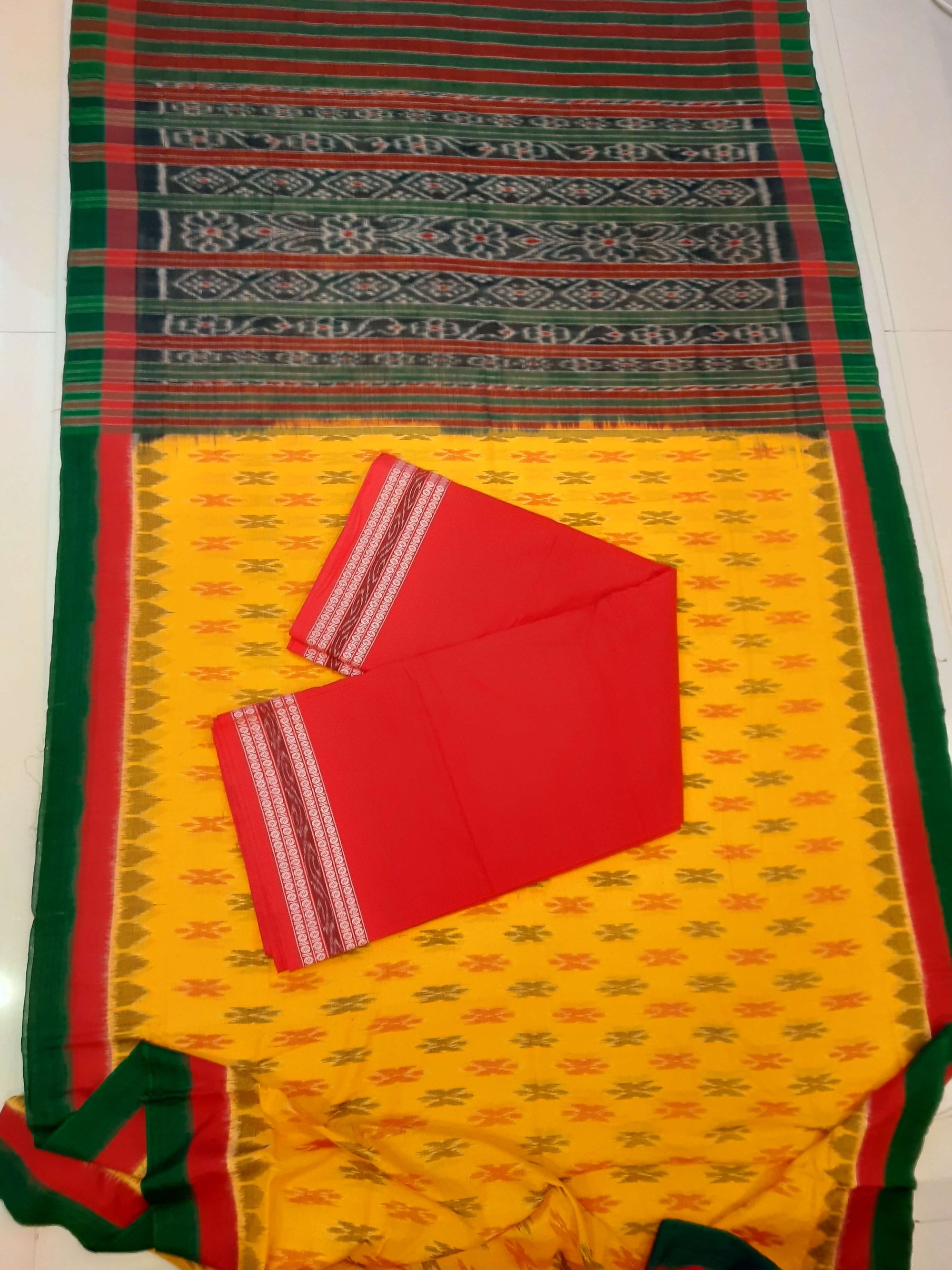 Yellow Cotton Odisha Ikat saree with cotton ikat blouse piece