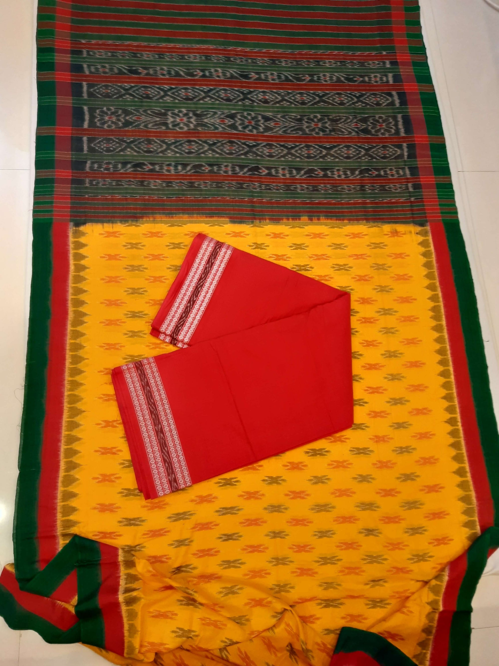 Yellow Cotton Odisha Ikat saree with cotton ikat blouse piece