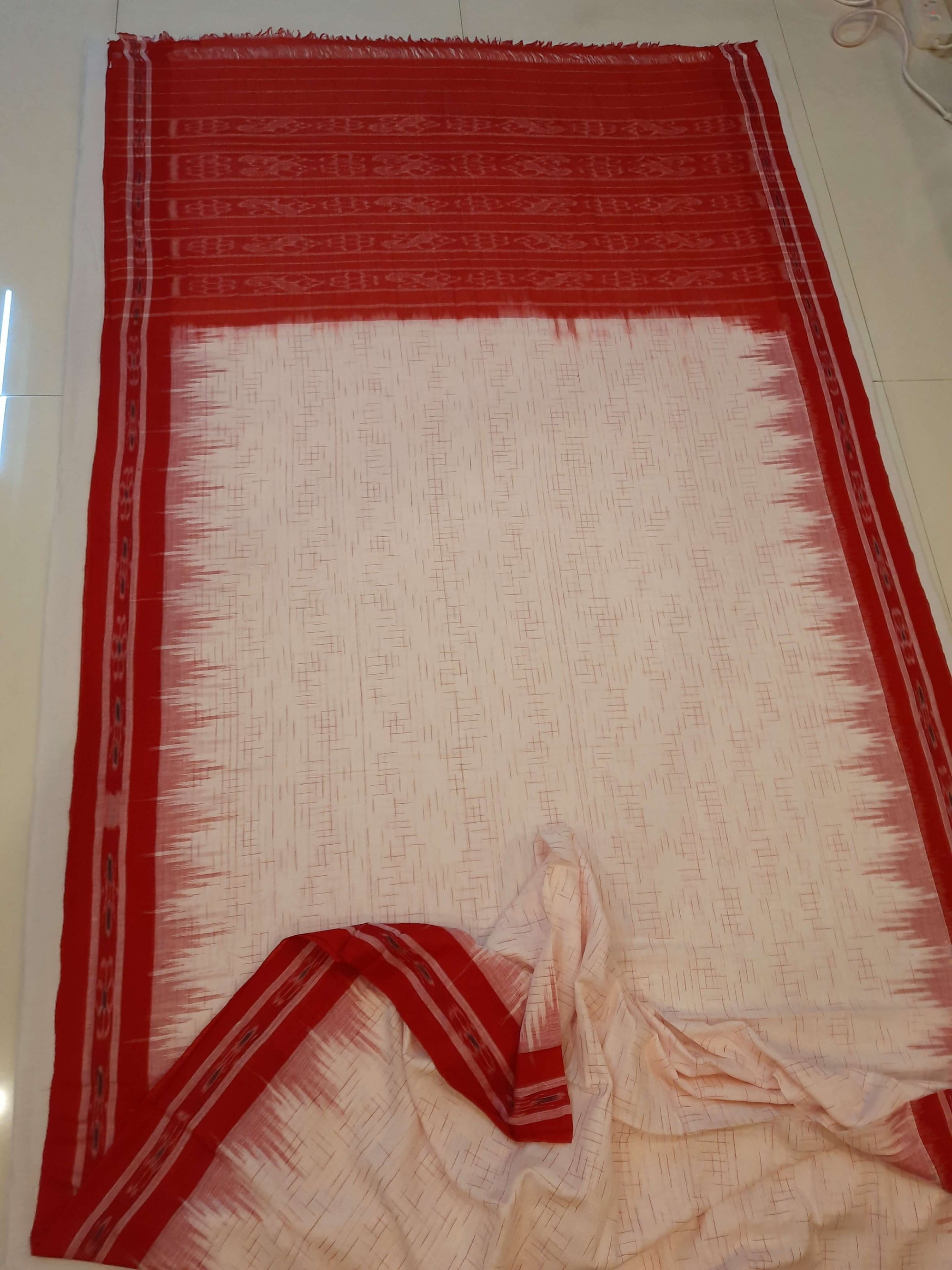White with Red Cotton Odisha Ikat saree with mix match cotton ikat blouse piece