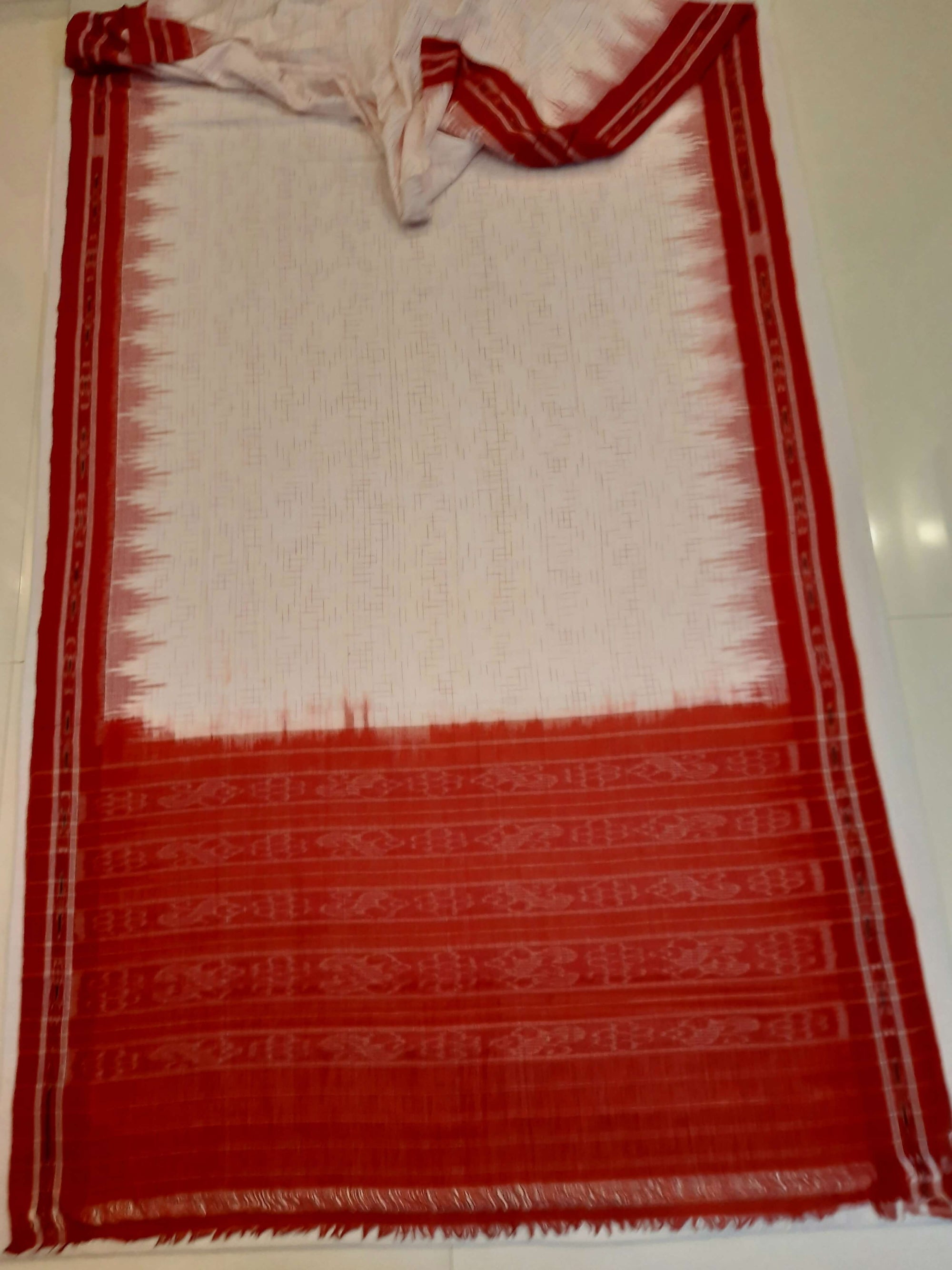 White with Red Cotton Odisha Ikat saree with mix match cotton ikat blouse piece