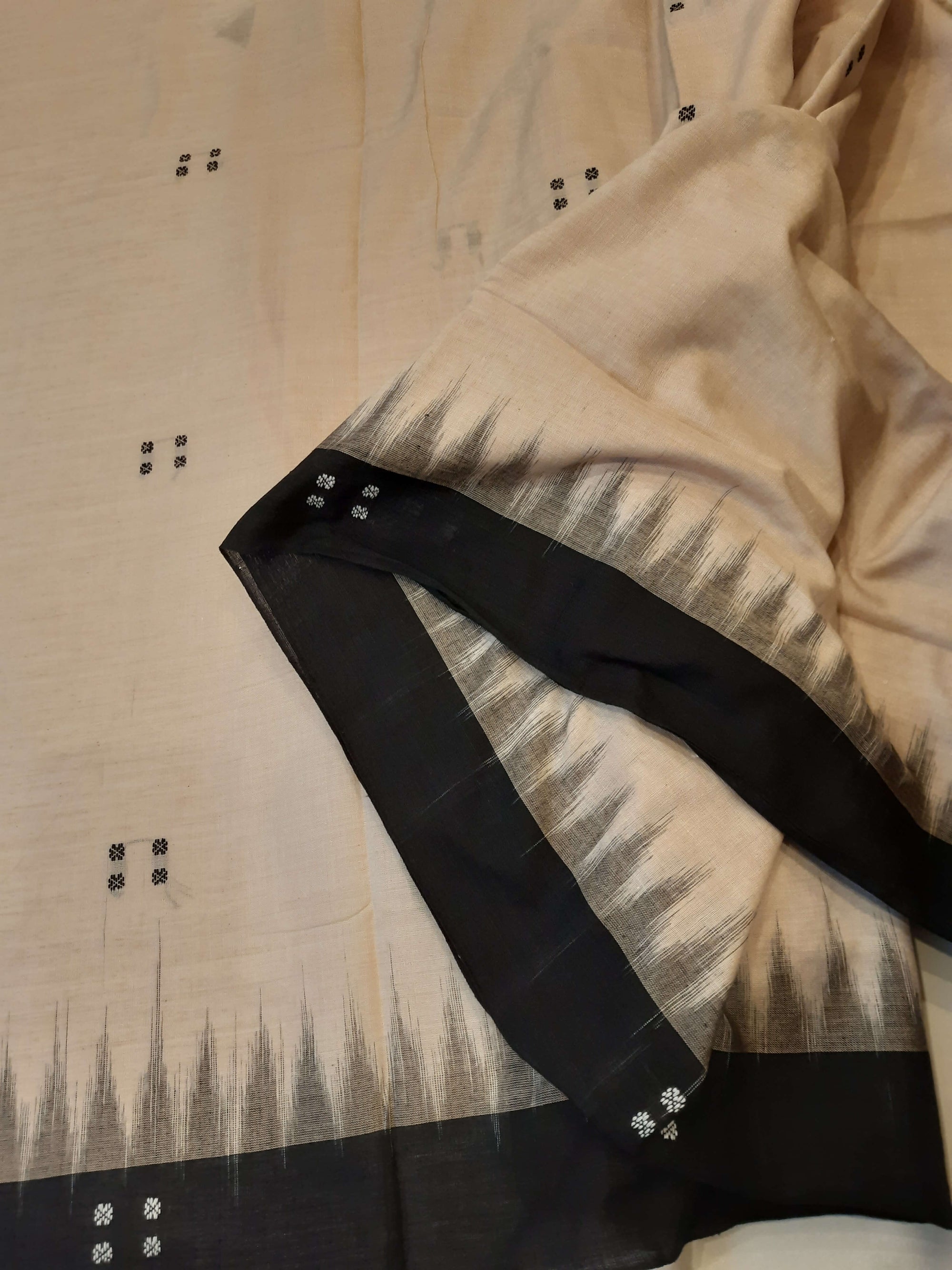 Beige with Black Cotton Odisha Ikat saree  with mix match cotton ikat blouse