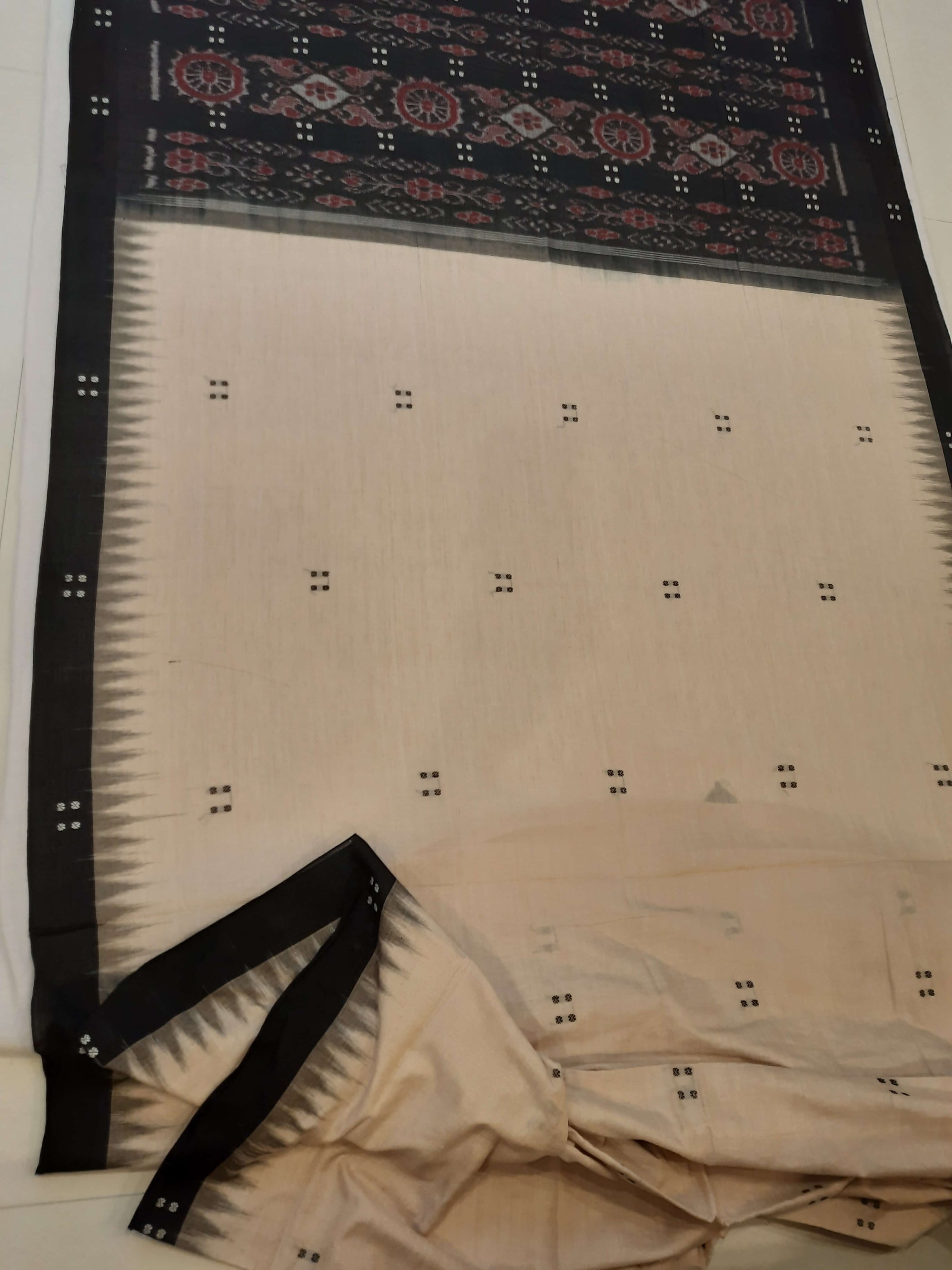 Beige with Black Cotton Odisha Ikat saree  with mix match cotton ikat blouse