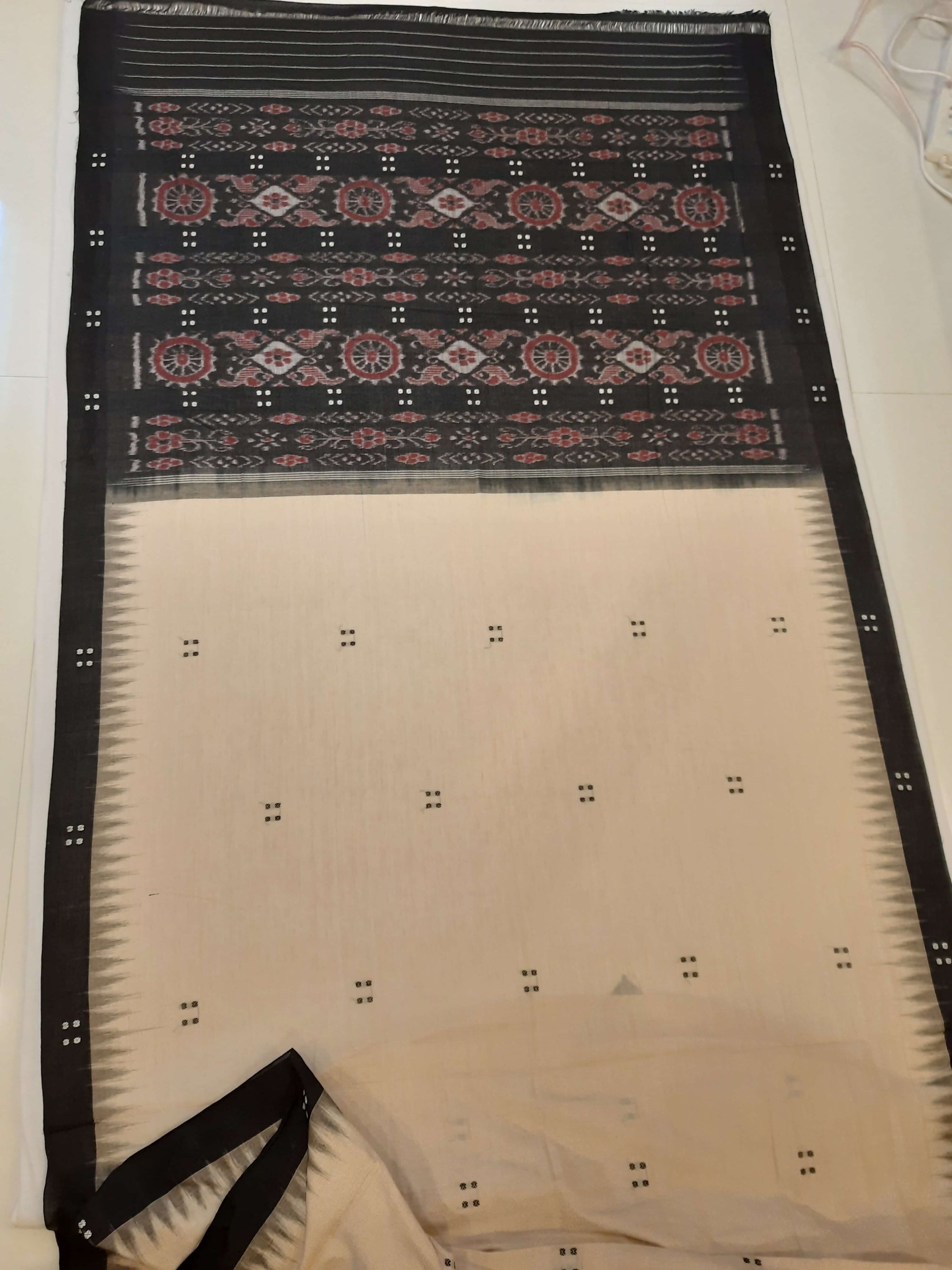 Beige with Black Cotton Odisha Ikat saree  with mix match cotton ikat blouse
