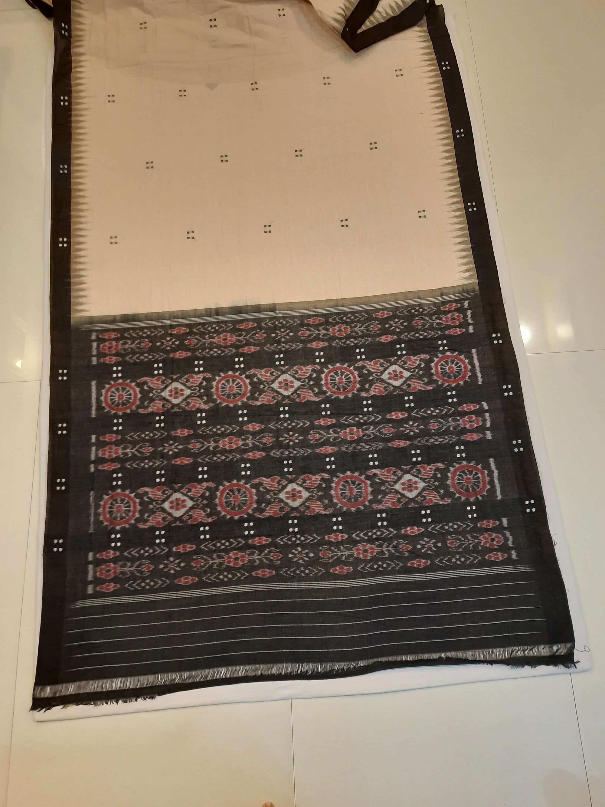 Beige with Black Cotton Odisha Ikat saree  with mix match cotton ikat blouse