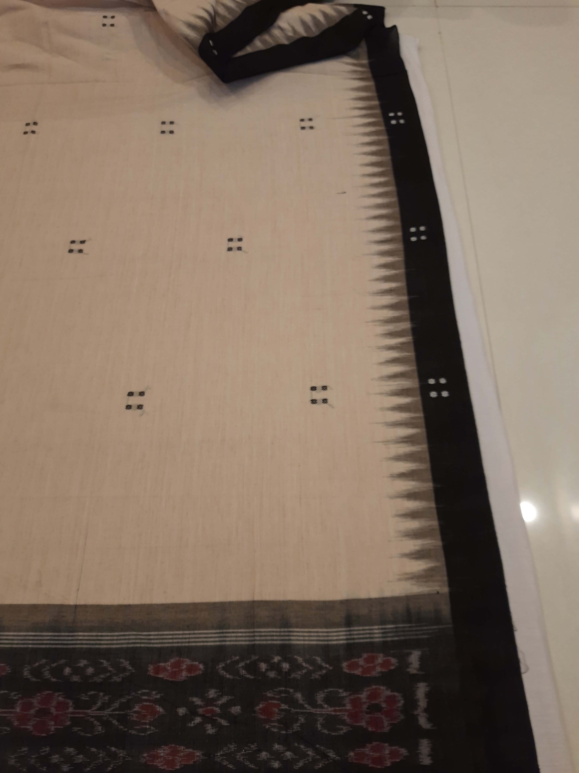 Beige with Black Cotton Odisha Ikat saree  with mix match cotton ikat blouse