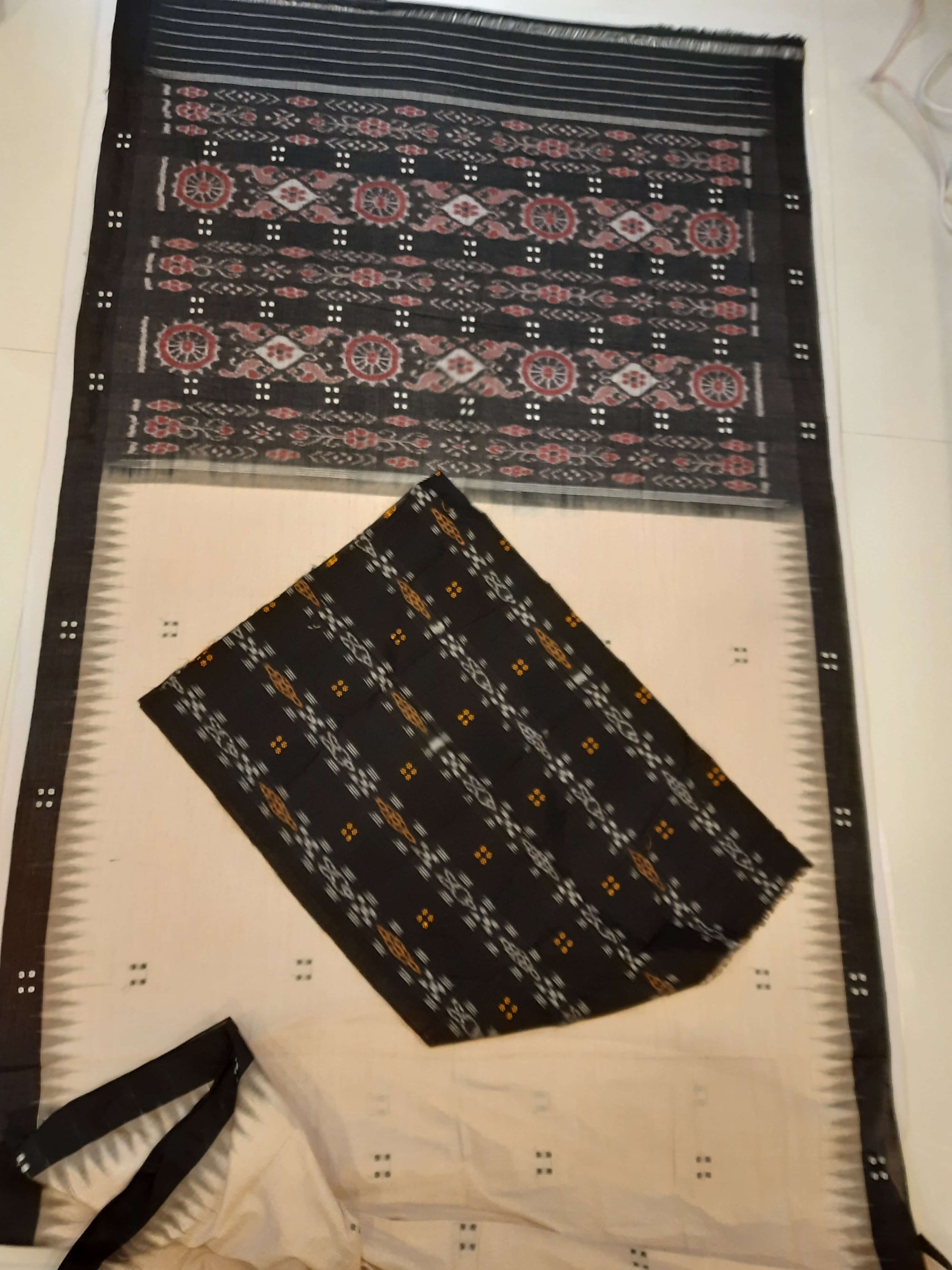 Beige with Black Cotton Odisha Ikat saree  with mix match cotton ikat blouse