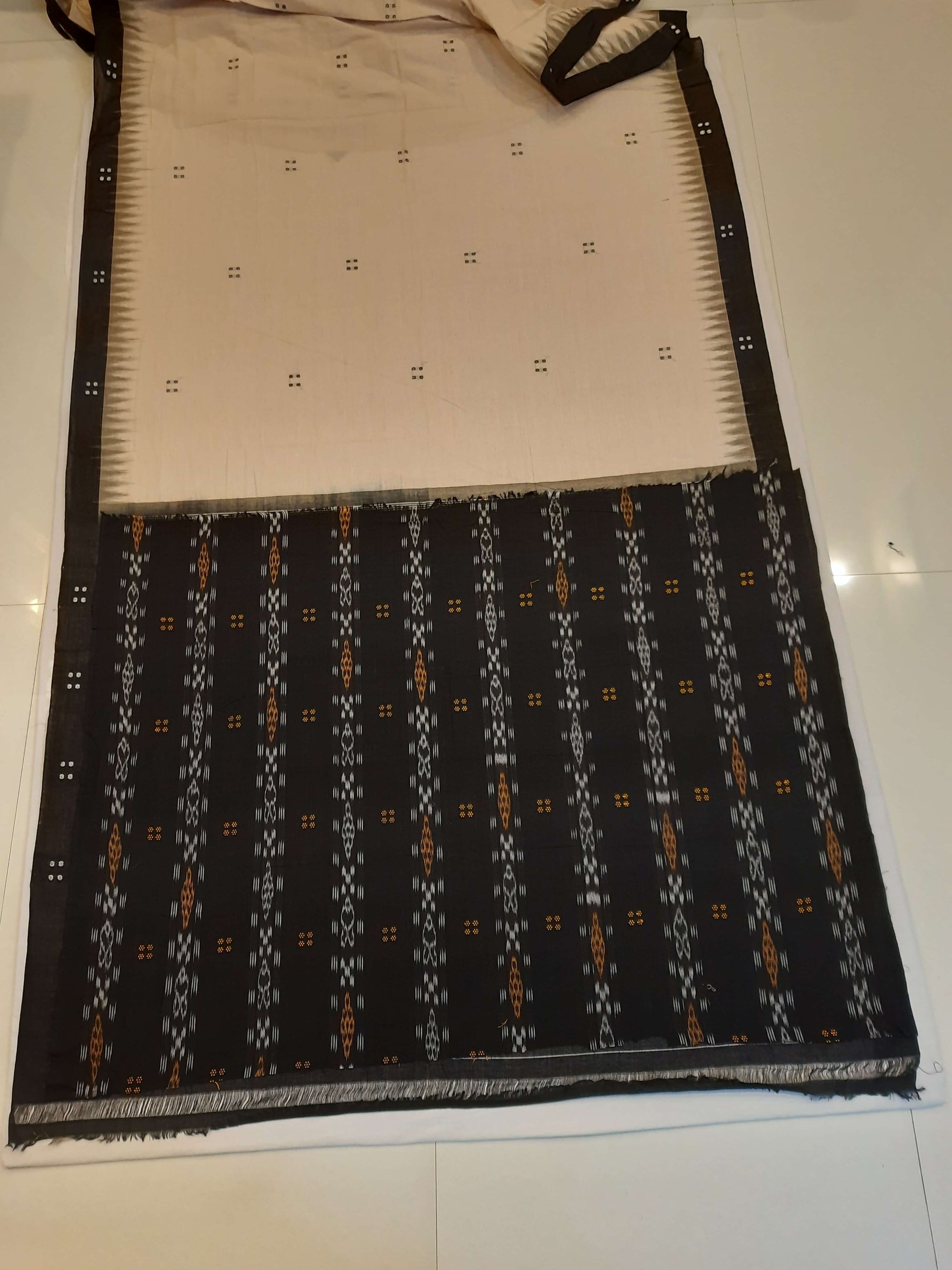 Beige with Black Cotton Odisha Ikat saree  with mix match cotton ikat blouse