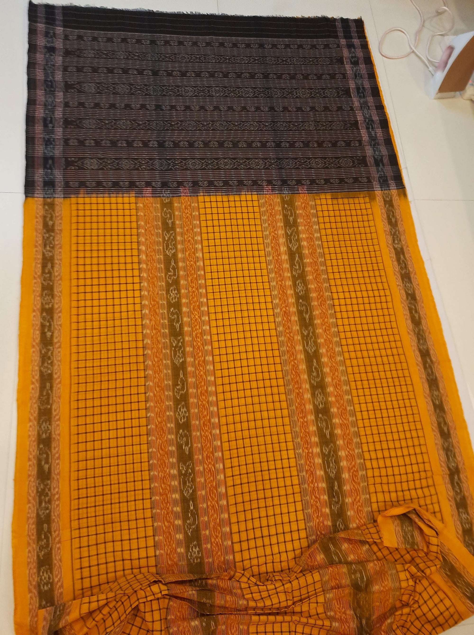 Yellow Sambalpuri Sachipar Cotton Saree with cotton ikat blouse piece