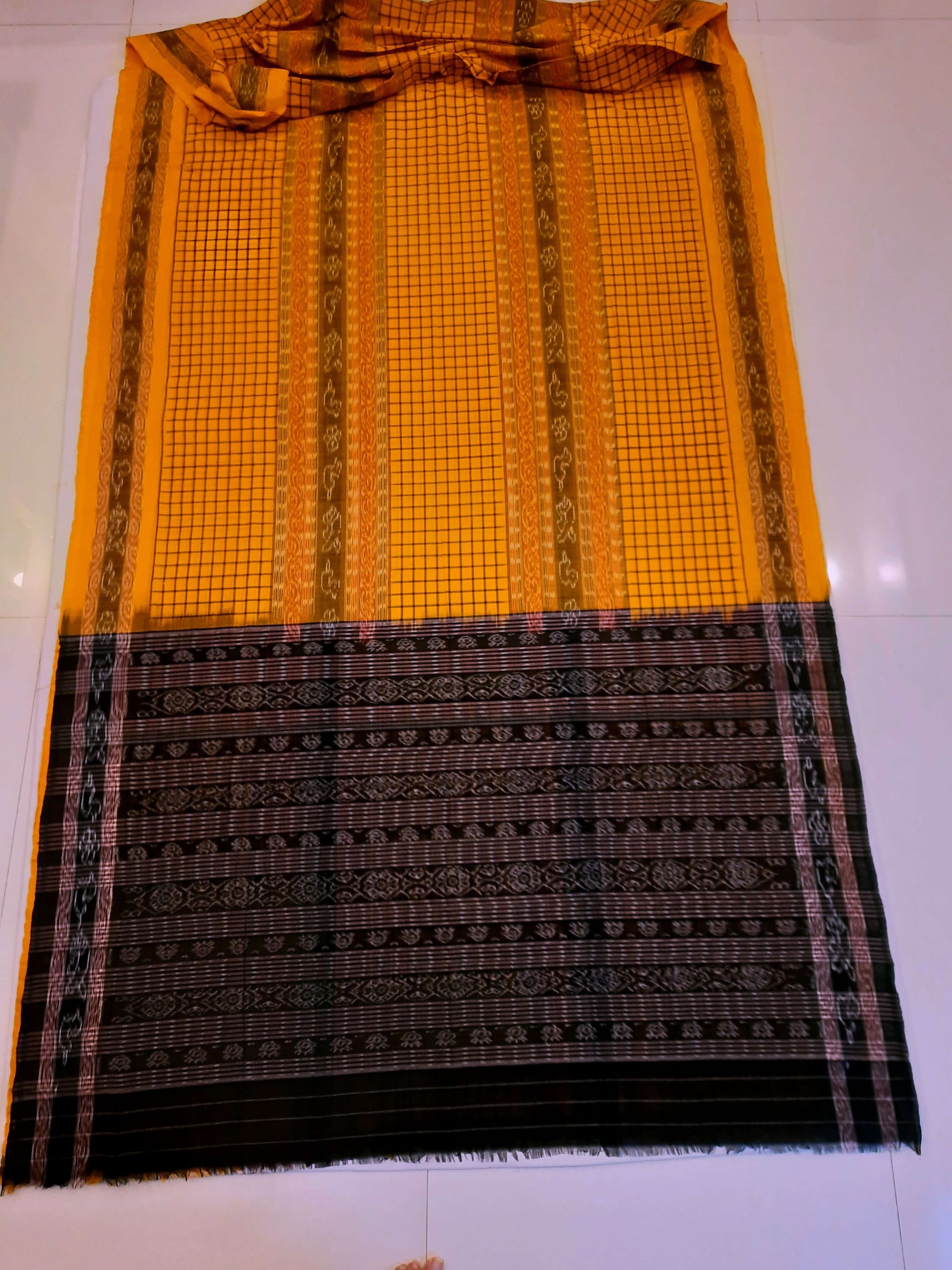 Yellow Sambalpuri Sachipar Cotton Saree with cotton ikat blouse piece