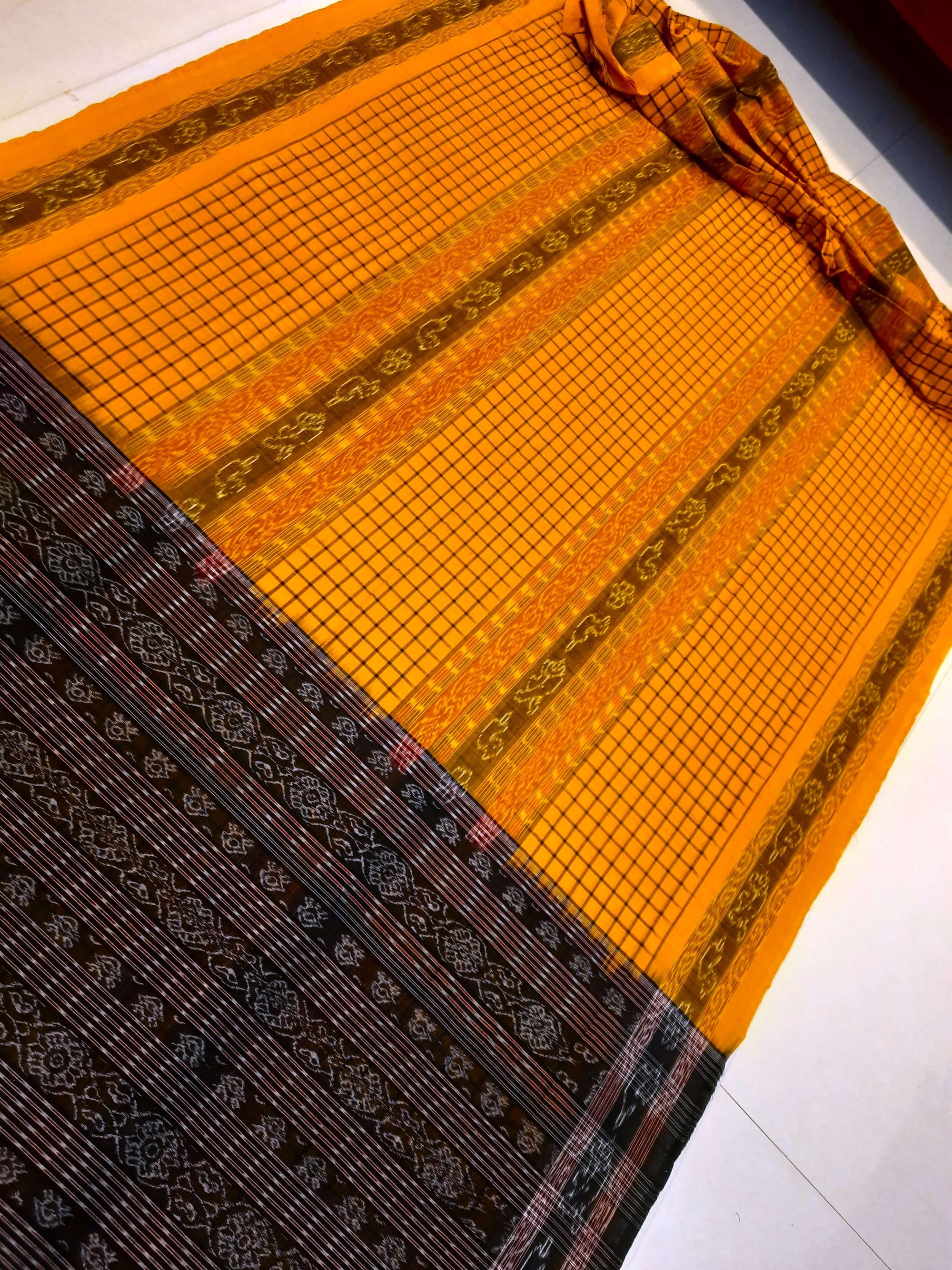Yellow Sambalpuri Sachipar Cotton Saree with cotton ikat blouse piece