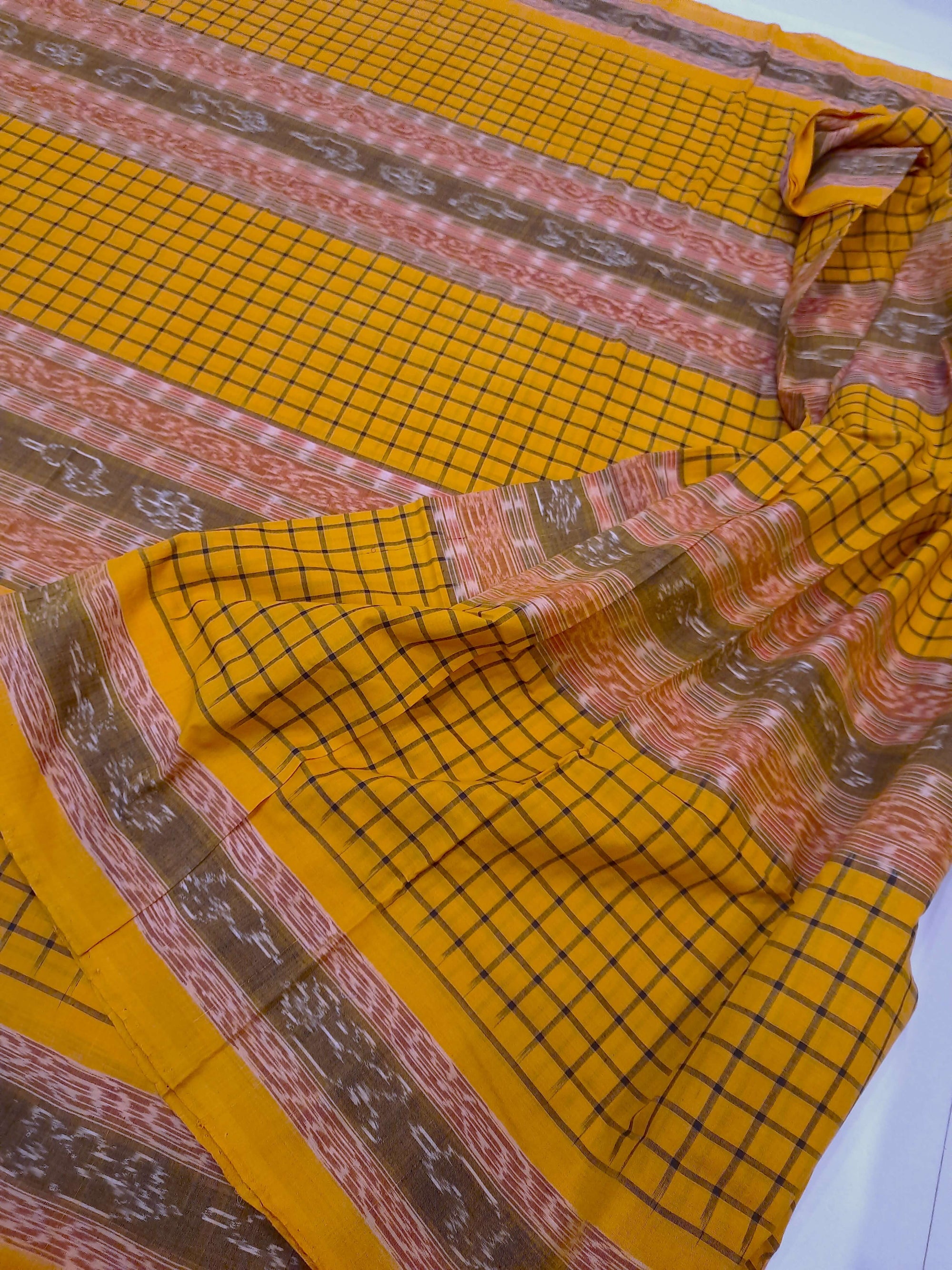 Yellow Sambalpuri Sachipar Cotton Saree with cotton ikat blouse piece