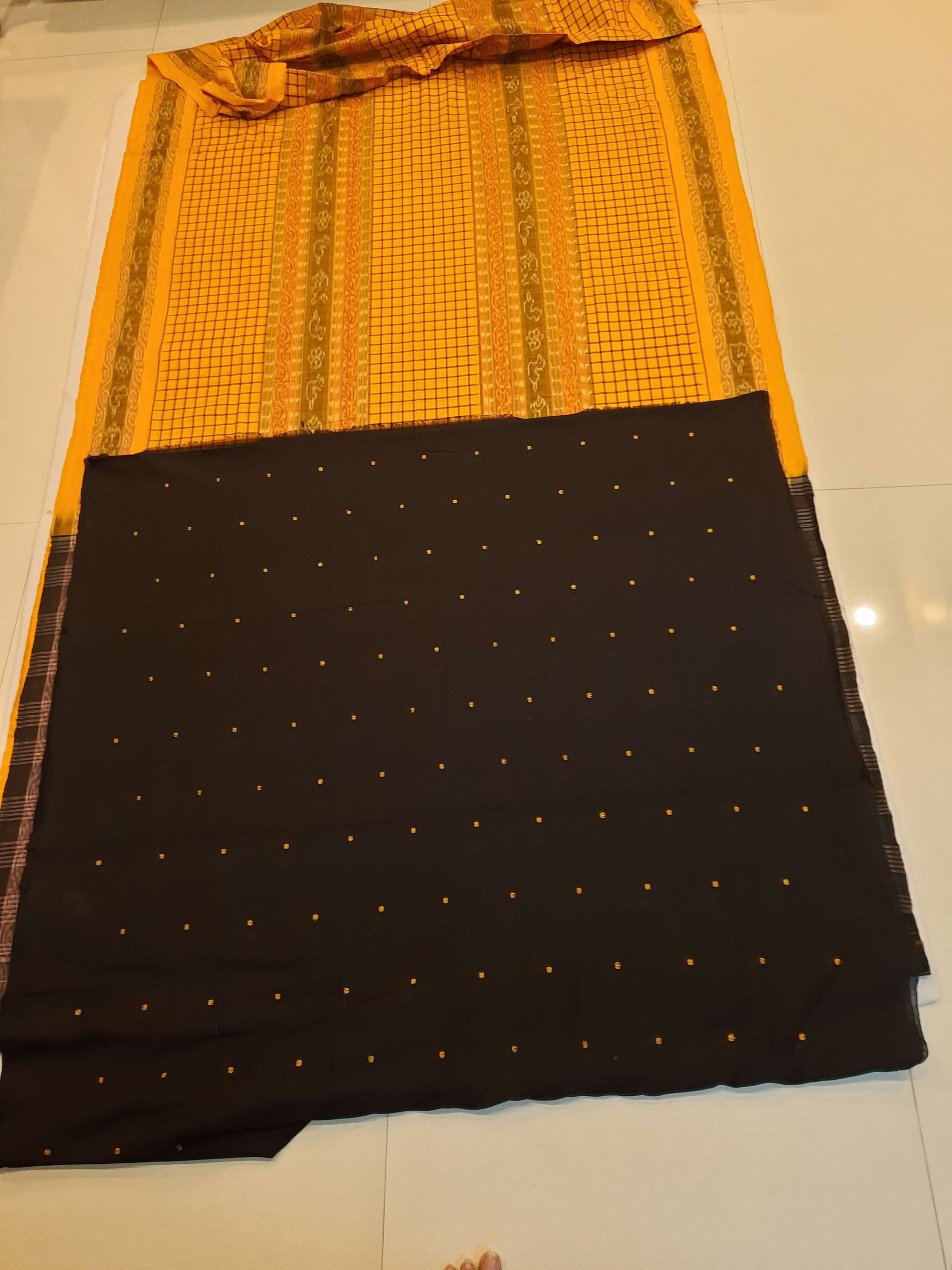 Yellow Sambalpuri Sachipar Cotton Saree with cotton ikat blouse piece