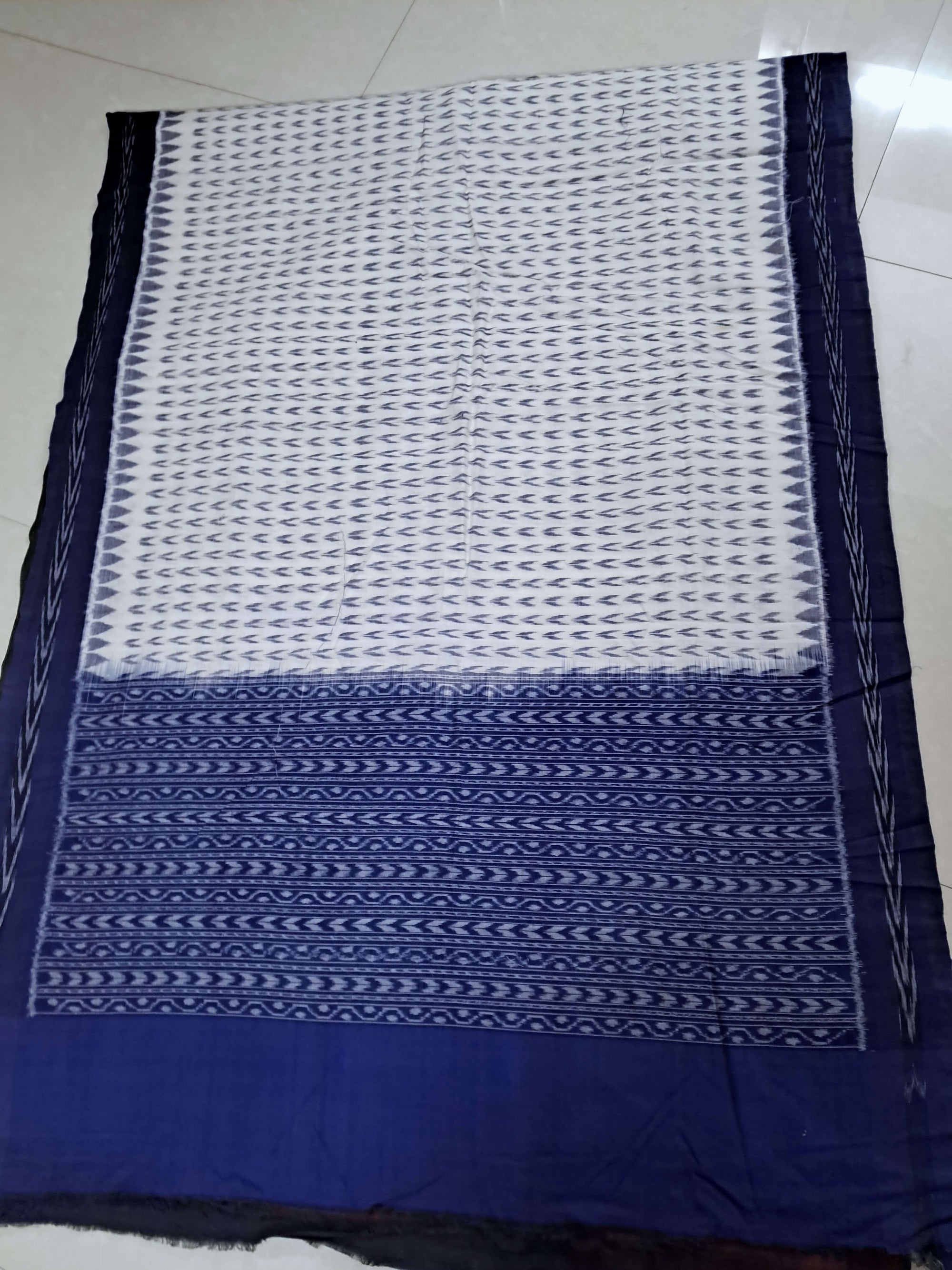 White and Blue Cotton Sambalpuri Dupatta
