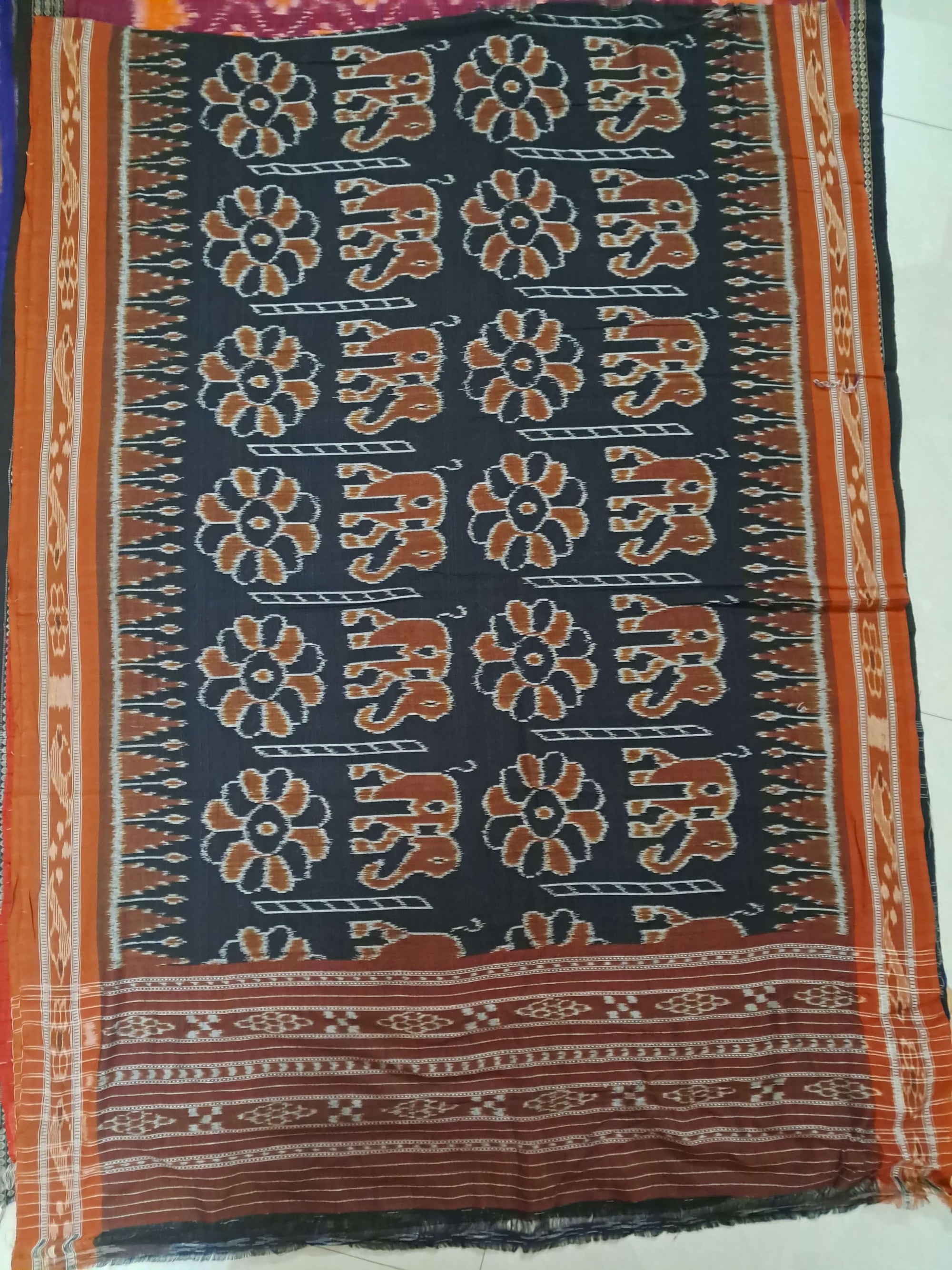 Black Cotton ikat Dupatta with elephant and flower motifs woven