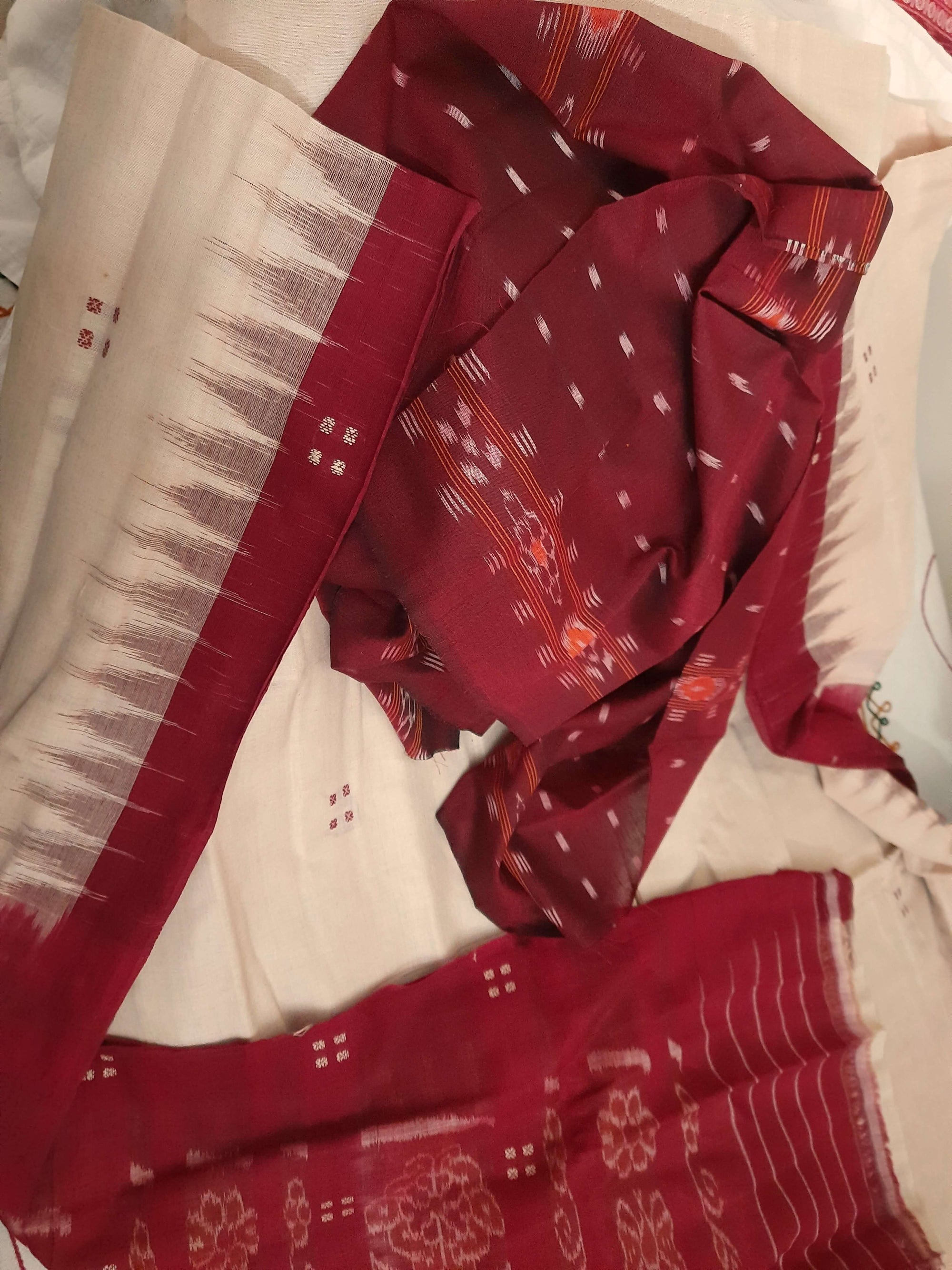 Beige with Maroon Cotton Odisha Ikat saree  with mix match cotton ikat blouse (Copy)